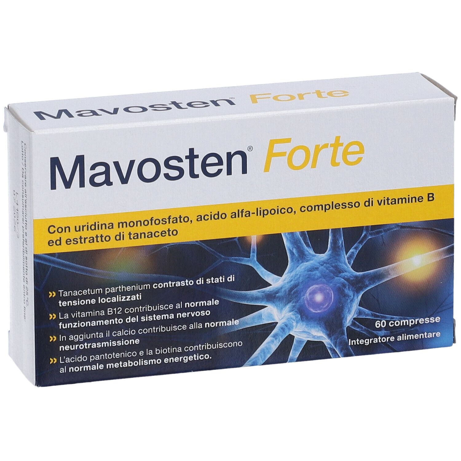 Scatola "Mavosten Forte" con 60 compresse. Contiene ingredienti e illustrazione di cellule nervose. Testo in italiano.