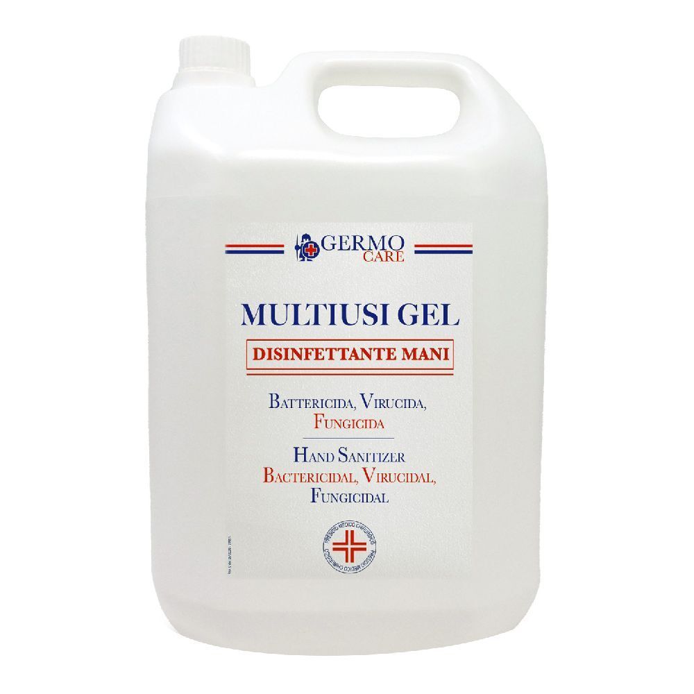 Tanica bianca con manico. Scritta: MULTIUSI GEL, Hand Sanitizer. Logo: Germo Care. Strisce rosse e blu.