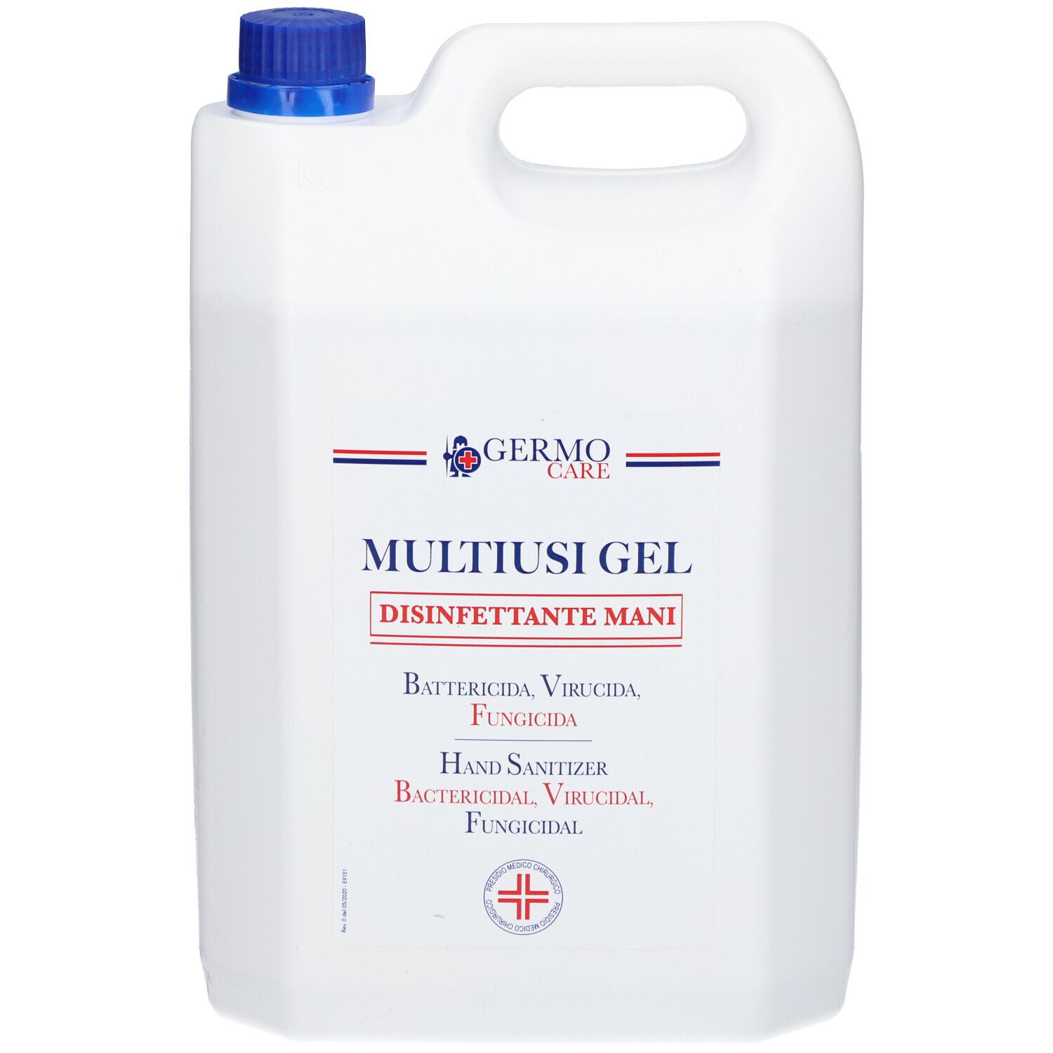 Tanica bianca con tappo blu e manico. Scritta: MULTIUSI GEL, Hand Sanitizer. Logo: Germo Care.