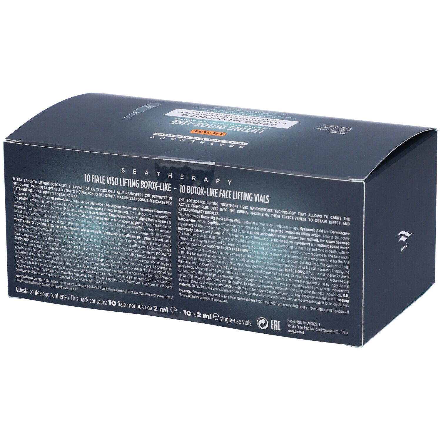 Scatola blu scuro con testo. Informazioni sul prodotto sul retro.