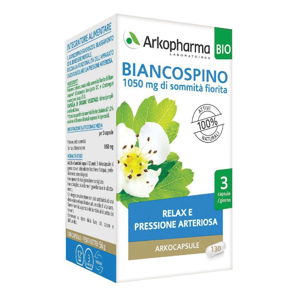 Scatola Arkopharma BIO BIANCOSPINO. Scritto: 1050 mg sommità fiorite, 100% naturale. 130 capsule, 3 al giorno.