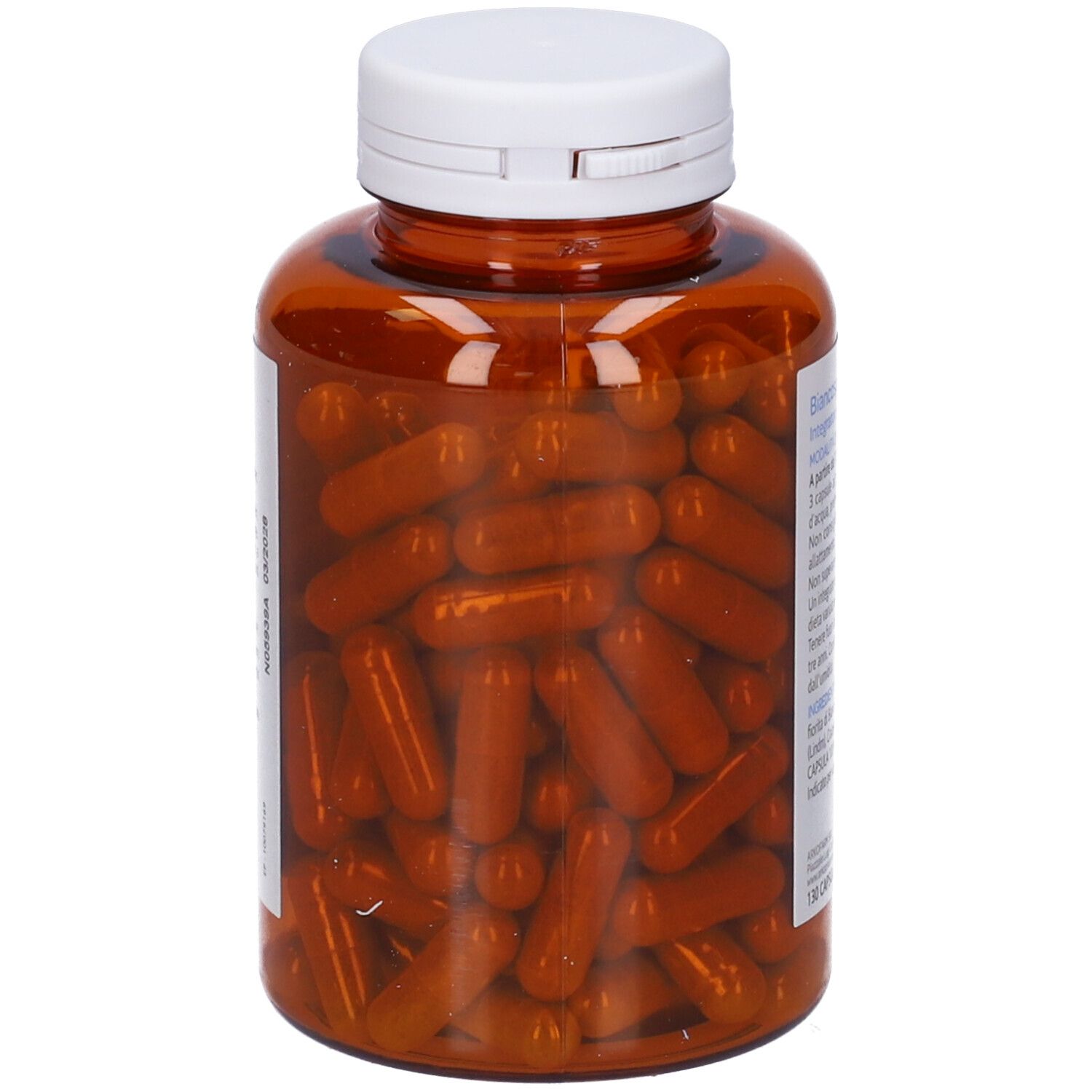 Flacone marrone, tappo bianco. Capsule visibili. Scritto: 130 capsule.