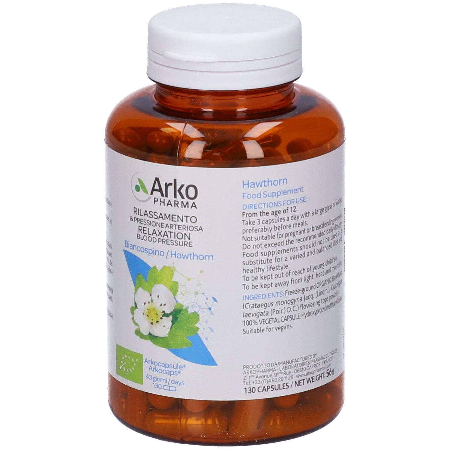 Flacone marrone, tappo bianco. Scritto: Arkopharma, Rilassamento & pressione arteriosa, Biancospino/Hawthorn. 130 capsule.