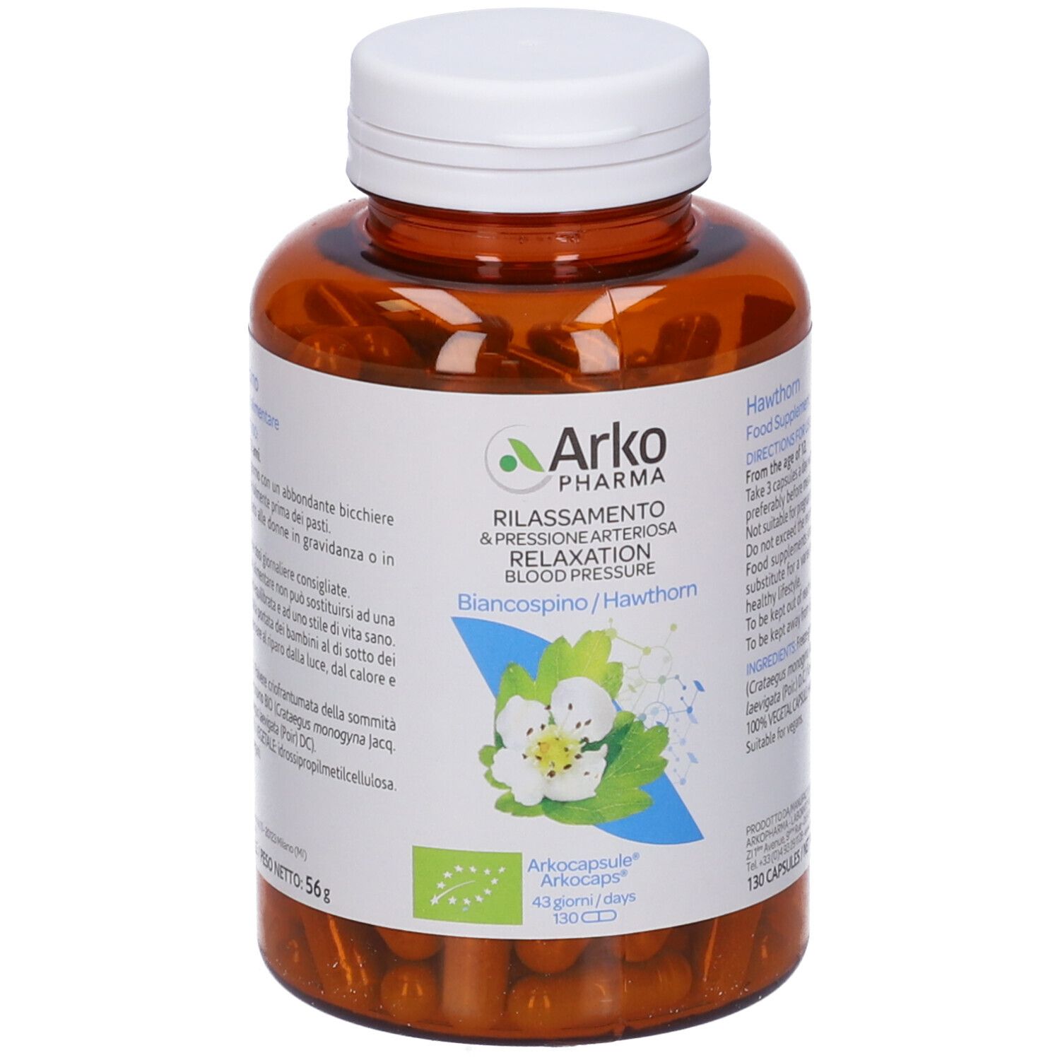 Flacone marrone, tappo bianco. Scritto: Arkopharma, Rilassamento & pressione arteriosa, Biancospino/Hawthorn. 130 capsule.