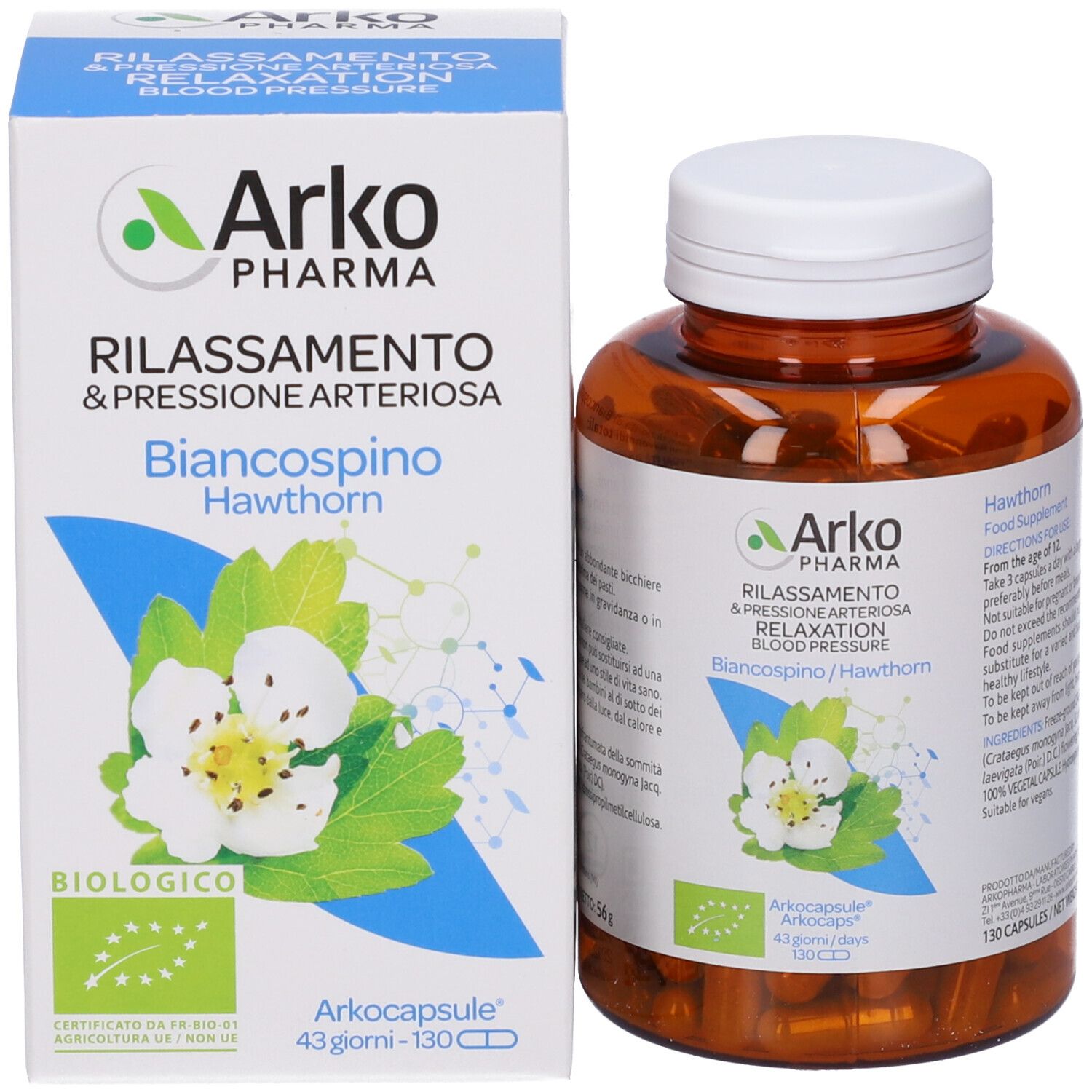Confezione e flacone. Scritto: Arkopharma, Rilassamento & pressione arteriosa, Biancospino/Hawthorn. 130 capsule.