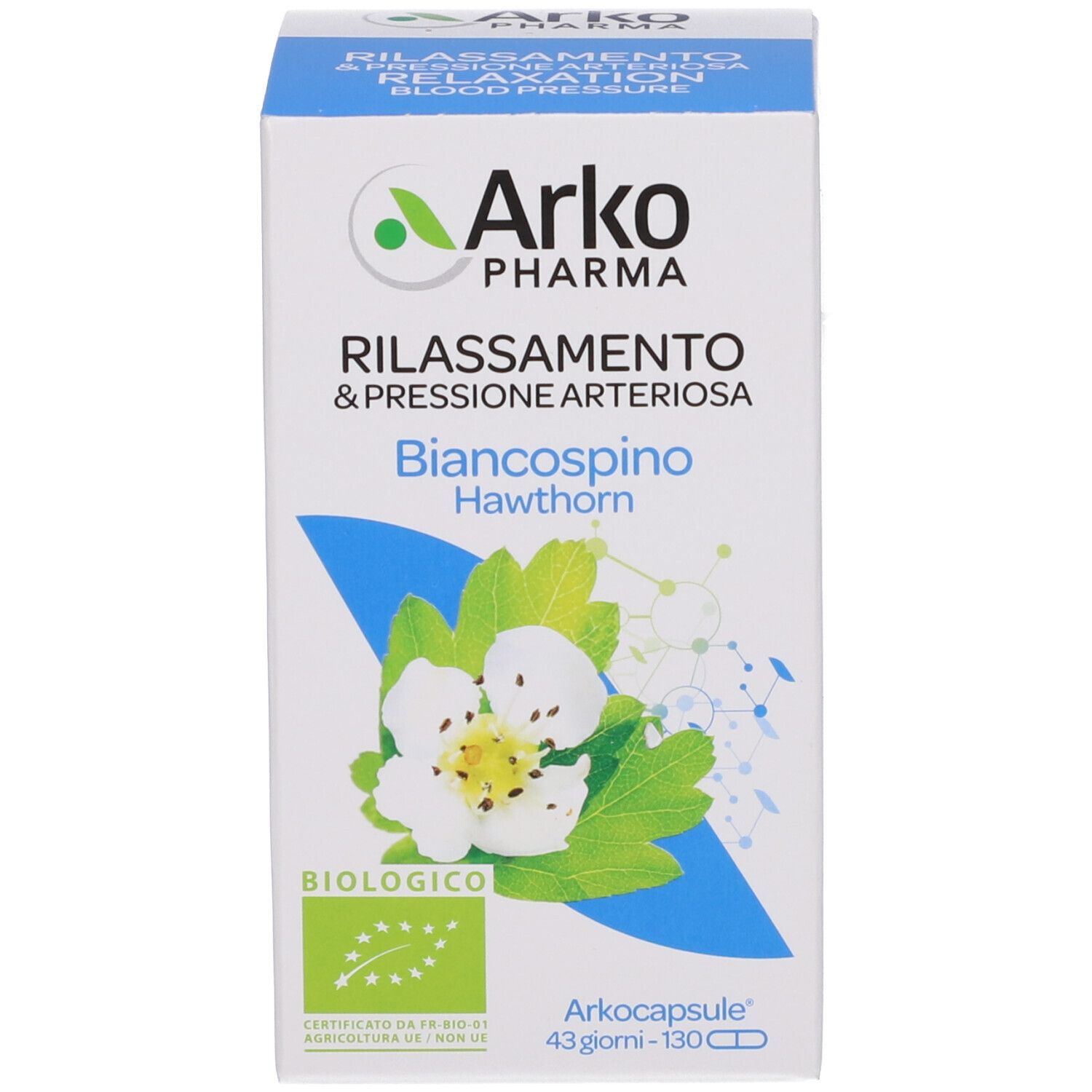 Confezione del prodotto. Scritto: Arkopharma, Rilassamento & pressione arteriosa, Biancospino/Hawthorn. 130 capsule.