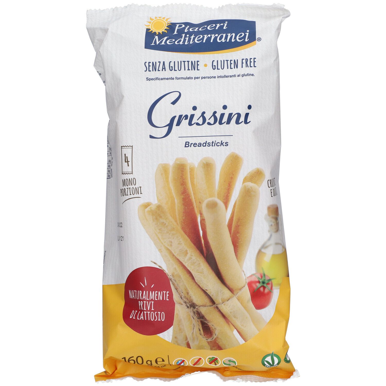 Confezione di Grissini Piaceri Mediterranei®, senza glutine. 4 porzioni. Etichetta rossa: Naturalmente gustosi. 160g.