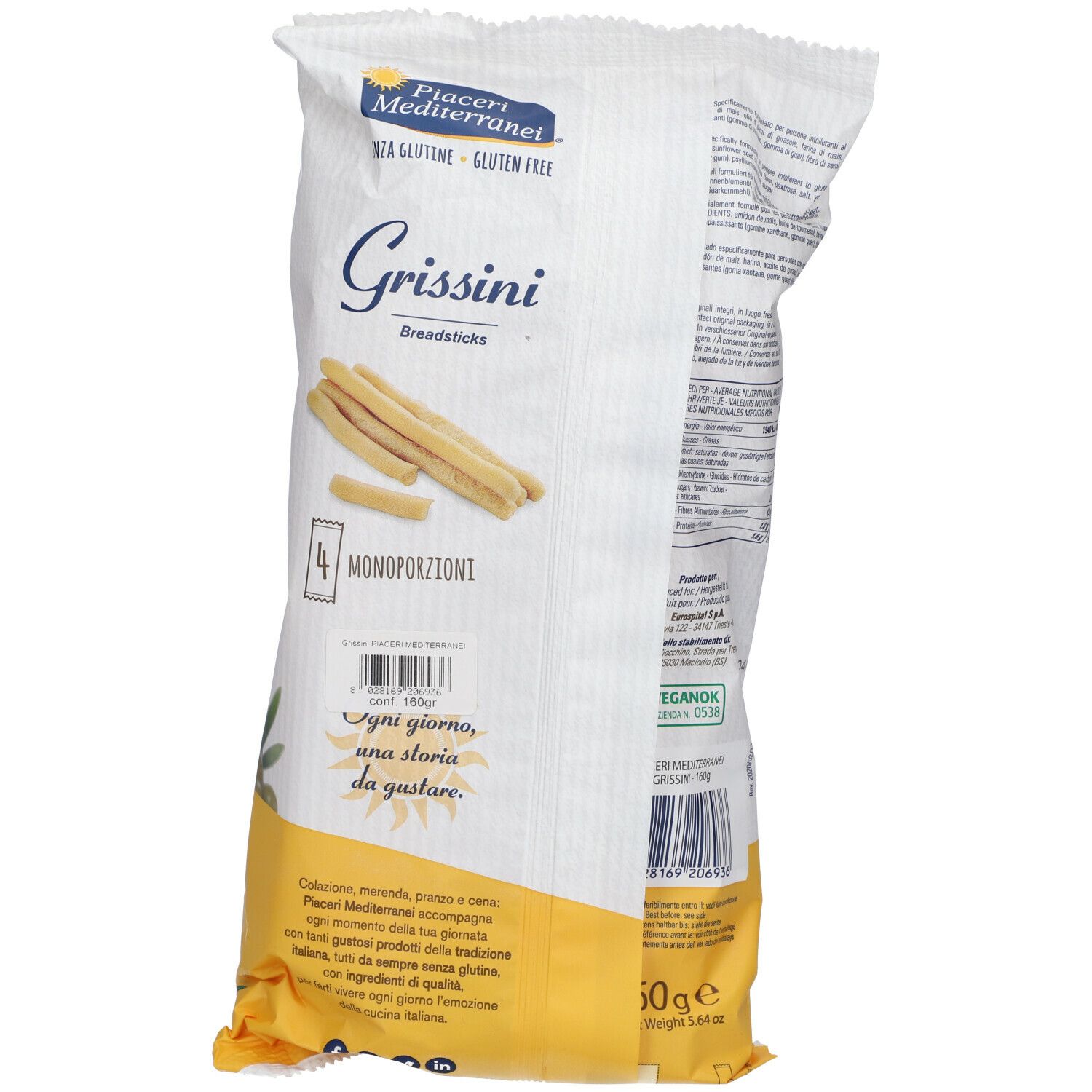 Retro della confezione di Grissini Piaceri Mediterranei®, senza glutine. 4 monoporzioni. Testo e codice a barre.