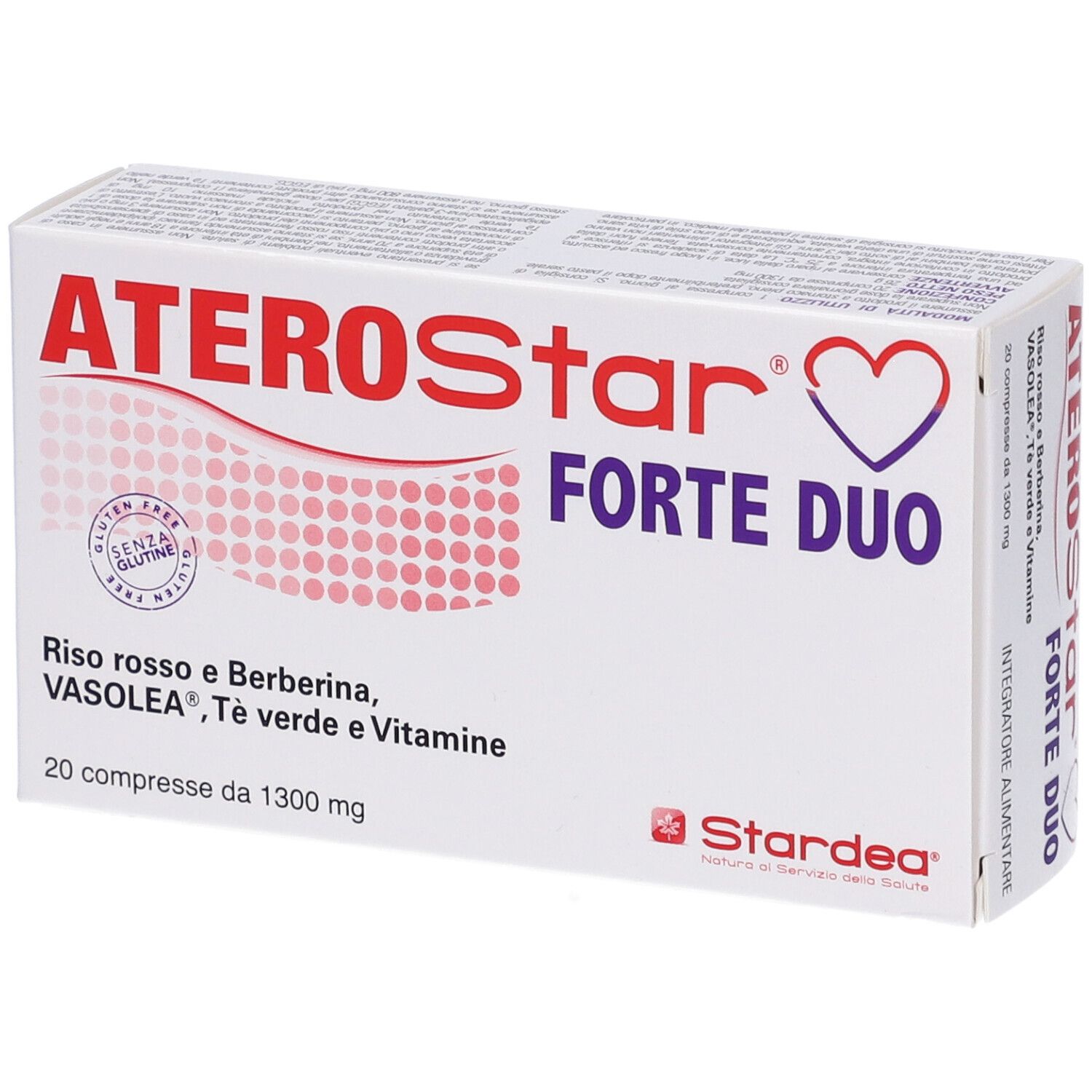 Confezione di ATEROStar Forte Duo. Contiene 20 compresse. Scritta: Riso rosso e Berberina, VASOLEA, Tè verde e Vitamine.