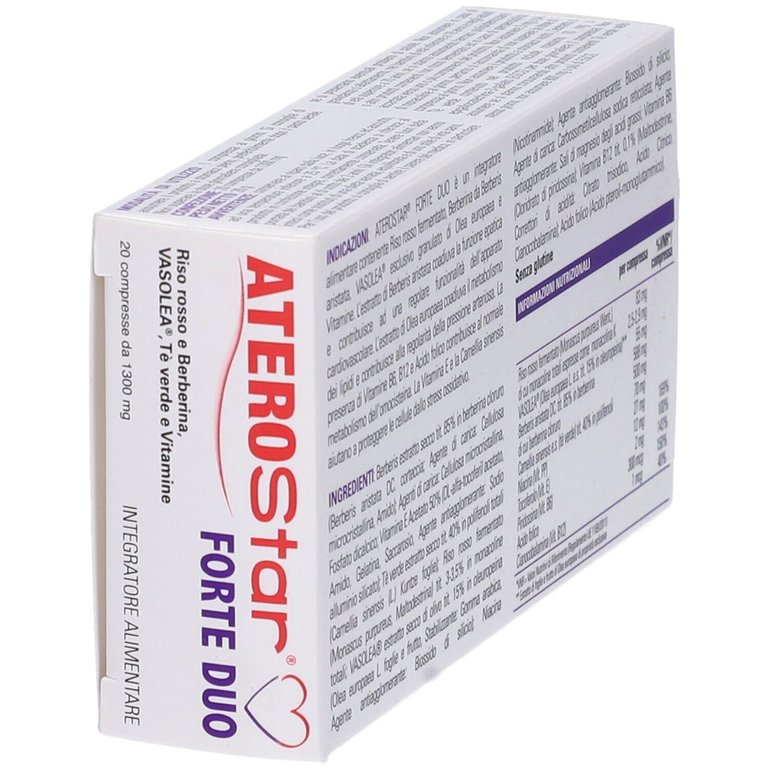 Confezione di ATEROStar Forte Duo. Contiene 20 compresse. Scritta: Riso rosso e Berberina, VASOLEA, Tè verde e Vitamine.