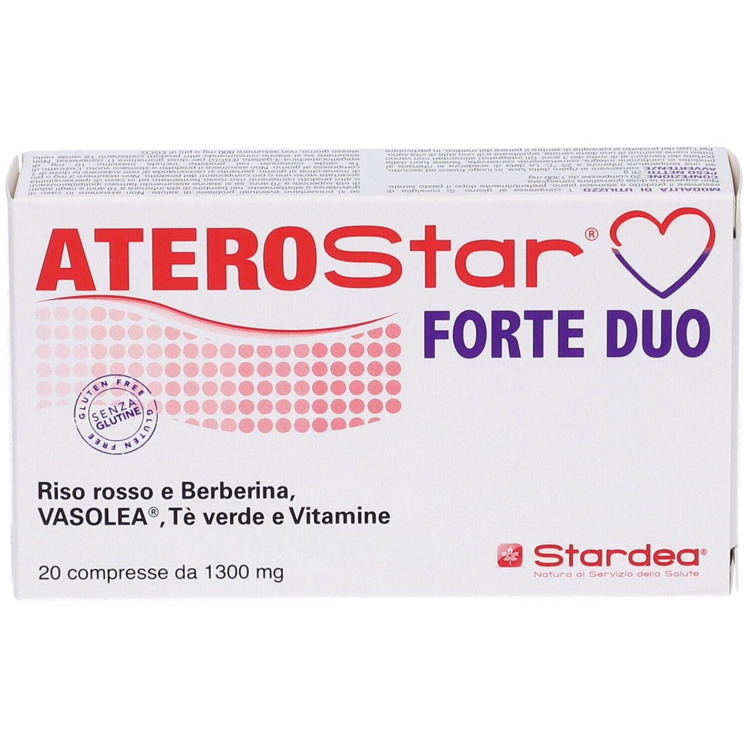 Confezione di ATEROStar Forte Duo. Contiene 20 compresse. Scritta: Riso rosso e Berberina, VASOLEA, Tè verde e Vitamine.