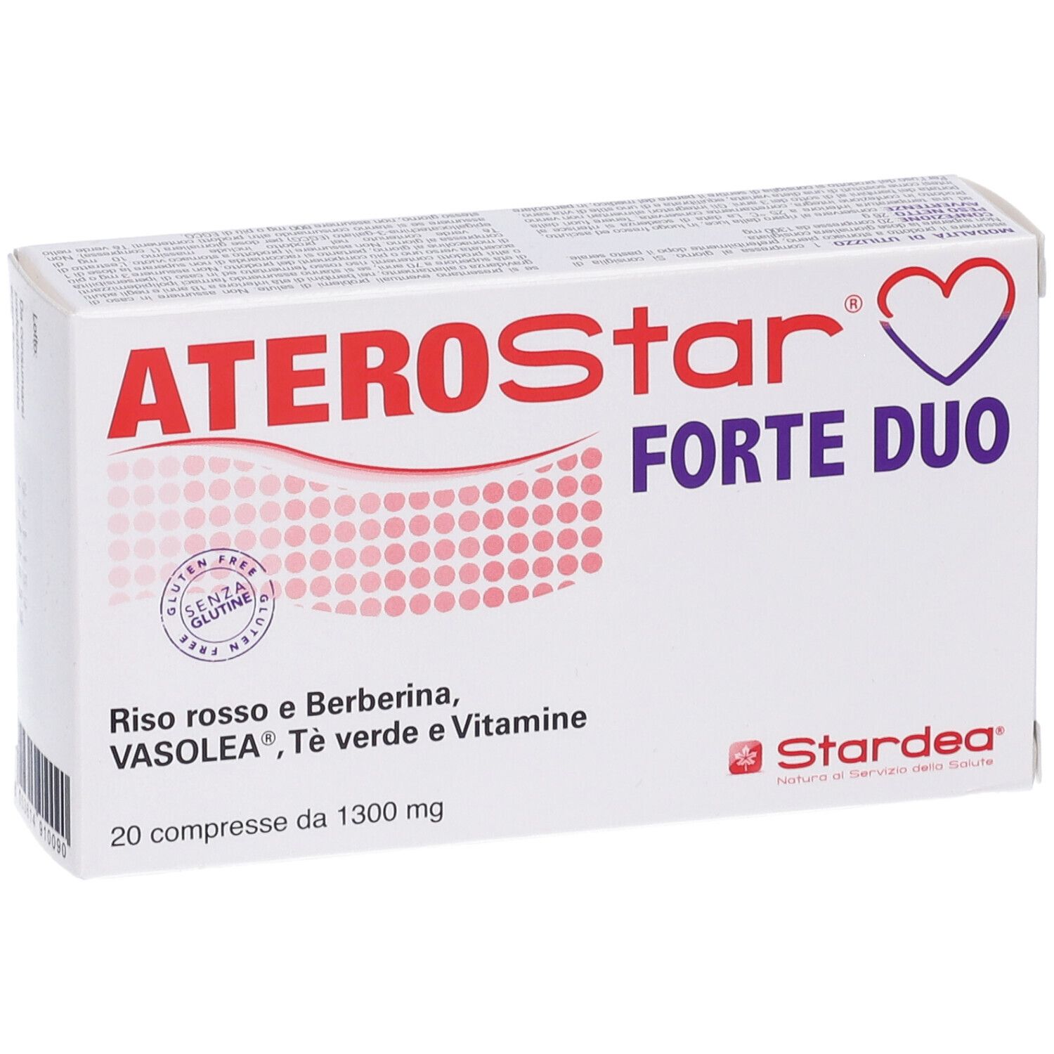 Confezione di ATEROStar Forte Duo. Contiene 20 compresse. Scritta: Riso rosso e Berberina, VASOLEA, Tè verde e Vitamine.