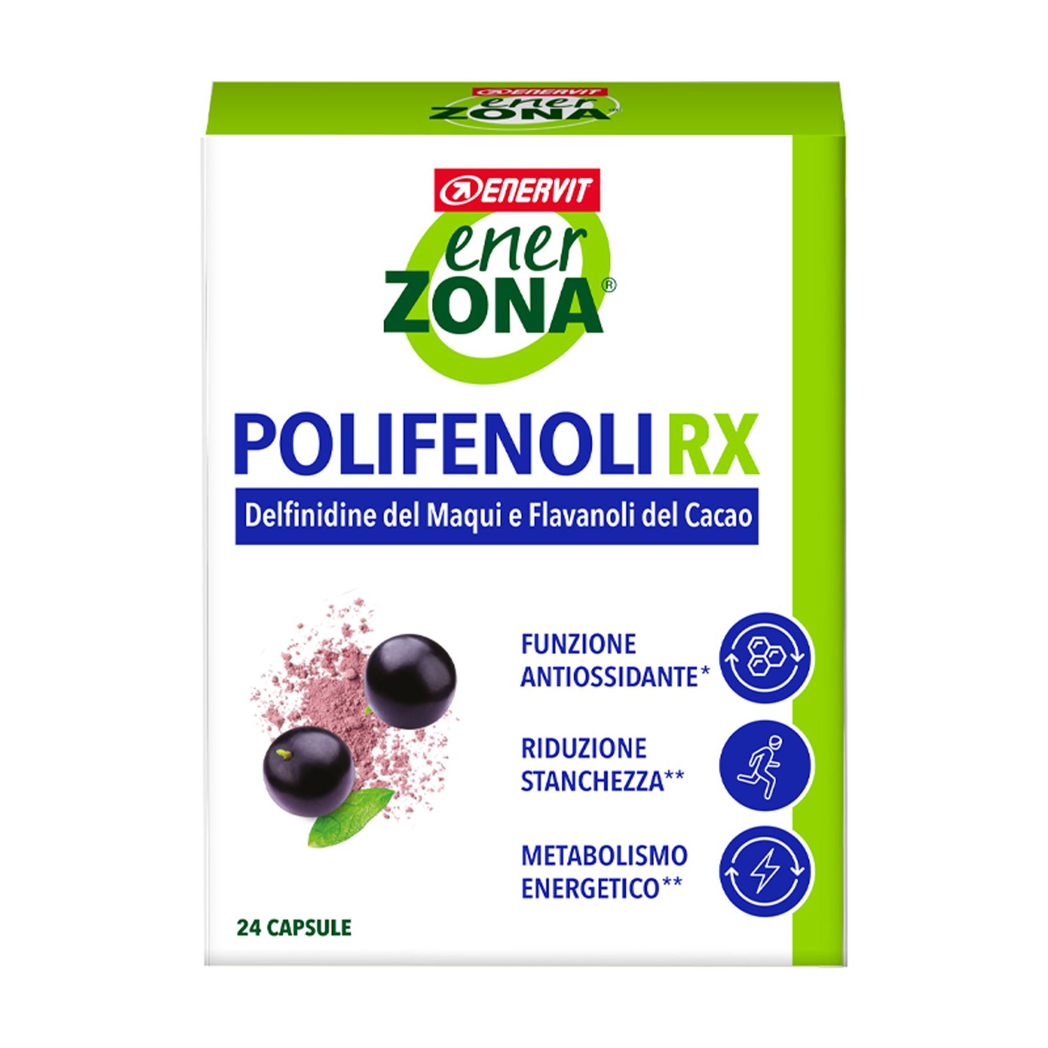 Scatola ENERVIT EnerZona Polyphenole RX. Scritta: 24 capsule, illustrazioni di bacche e foglie.