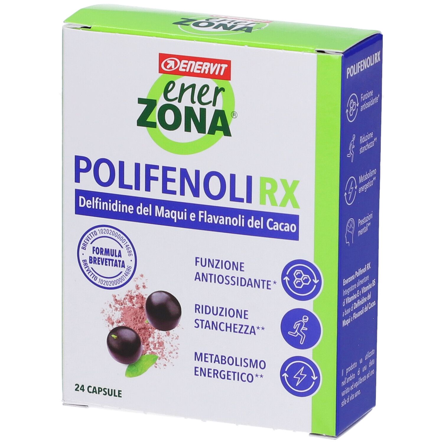 Scatola ENERVIT EnerZona Polyphenole RX. Scritta: 24 capsule, illustrazioni di bacche e foglie, logo.