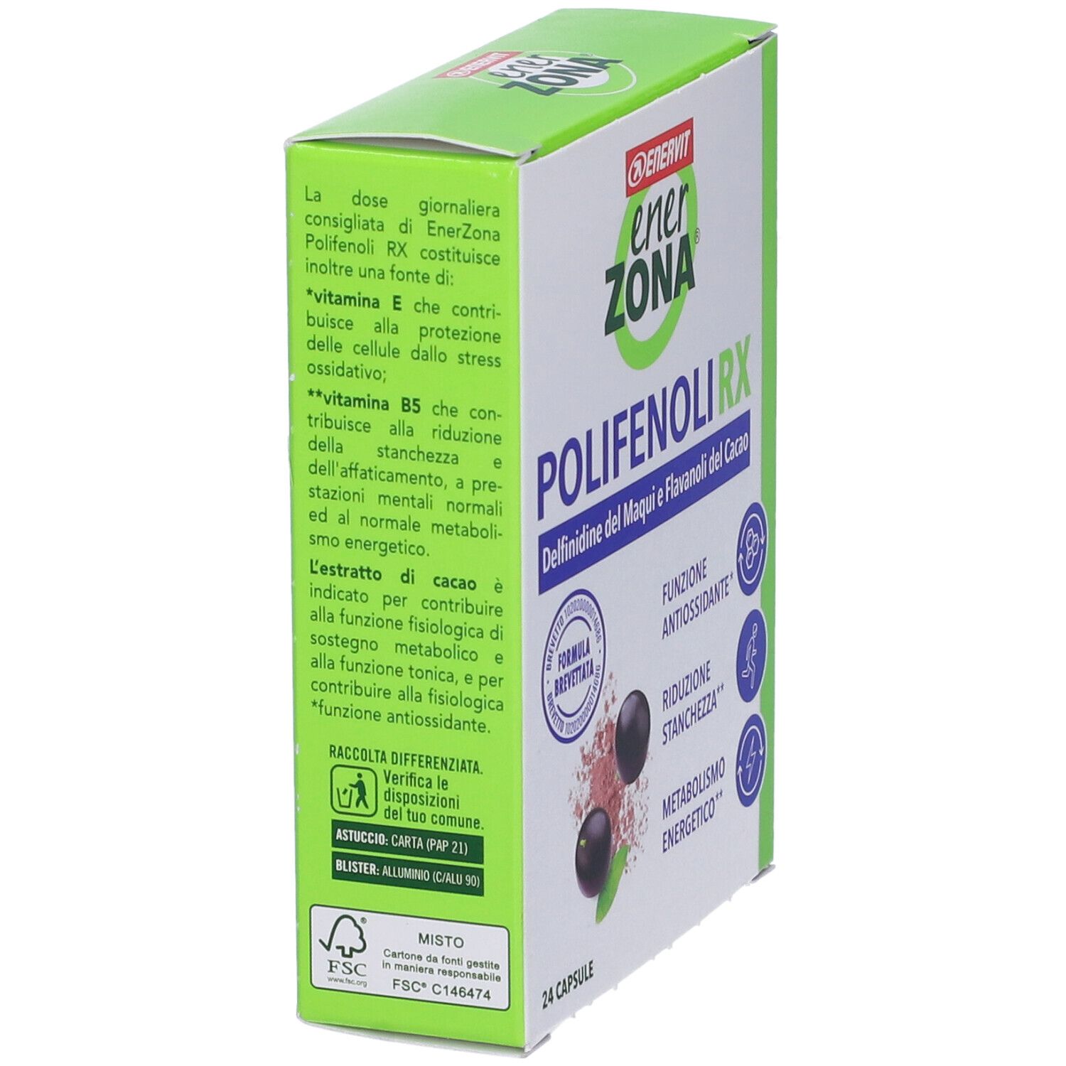 Scatola ENERVIT EnerZona Polyphenole RX. Vista laterale. Testo: ingredienti, istruzioni per l'uso, logo.