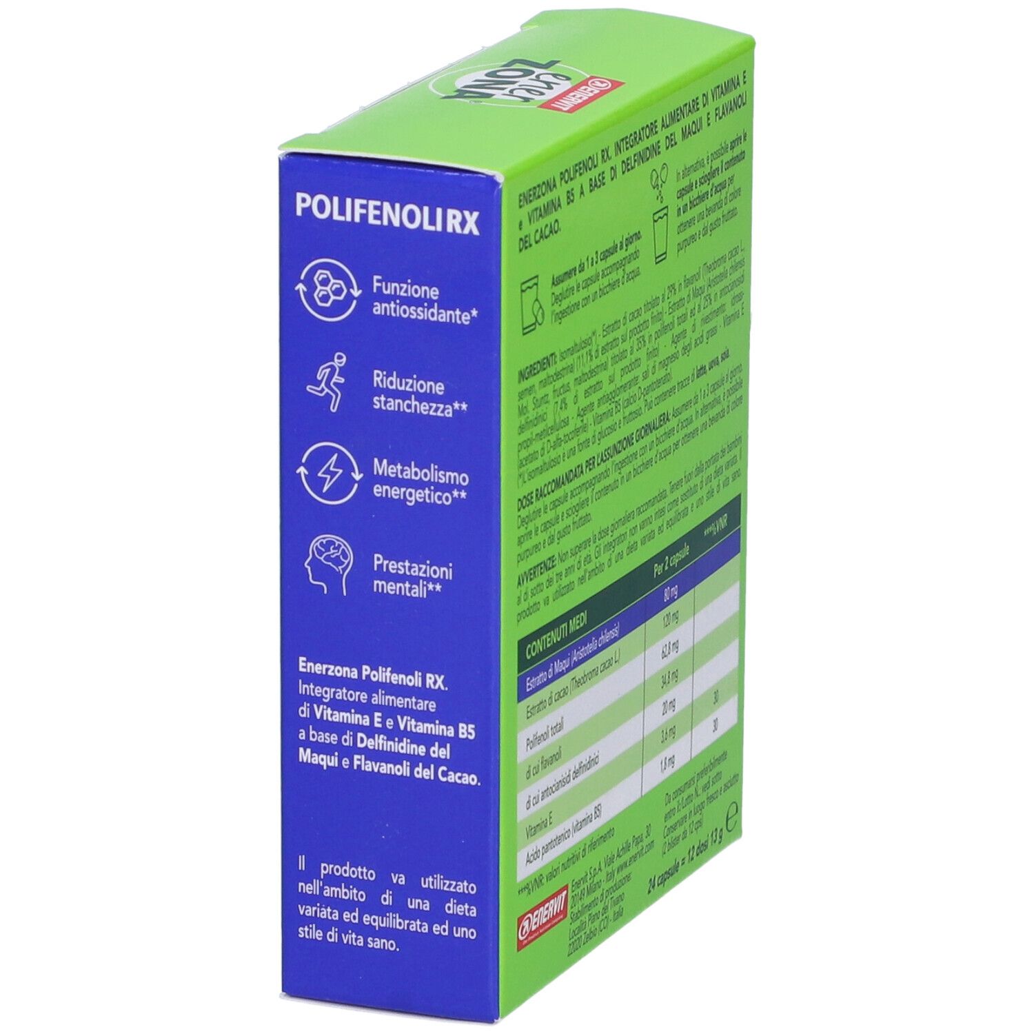 Scatola ENERVIT EnerZona Polyphenole RX. Vista laterale. Testo: ingredienti, istruzioni per l'uso, logo.