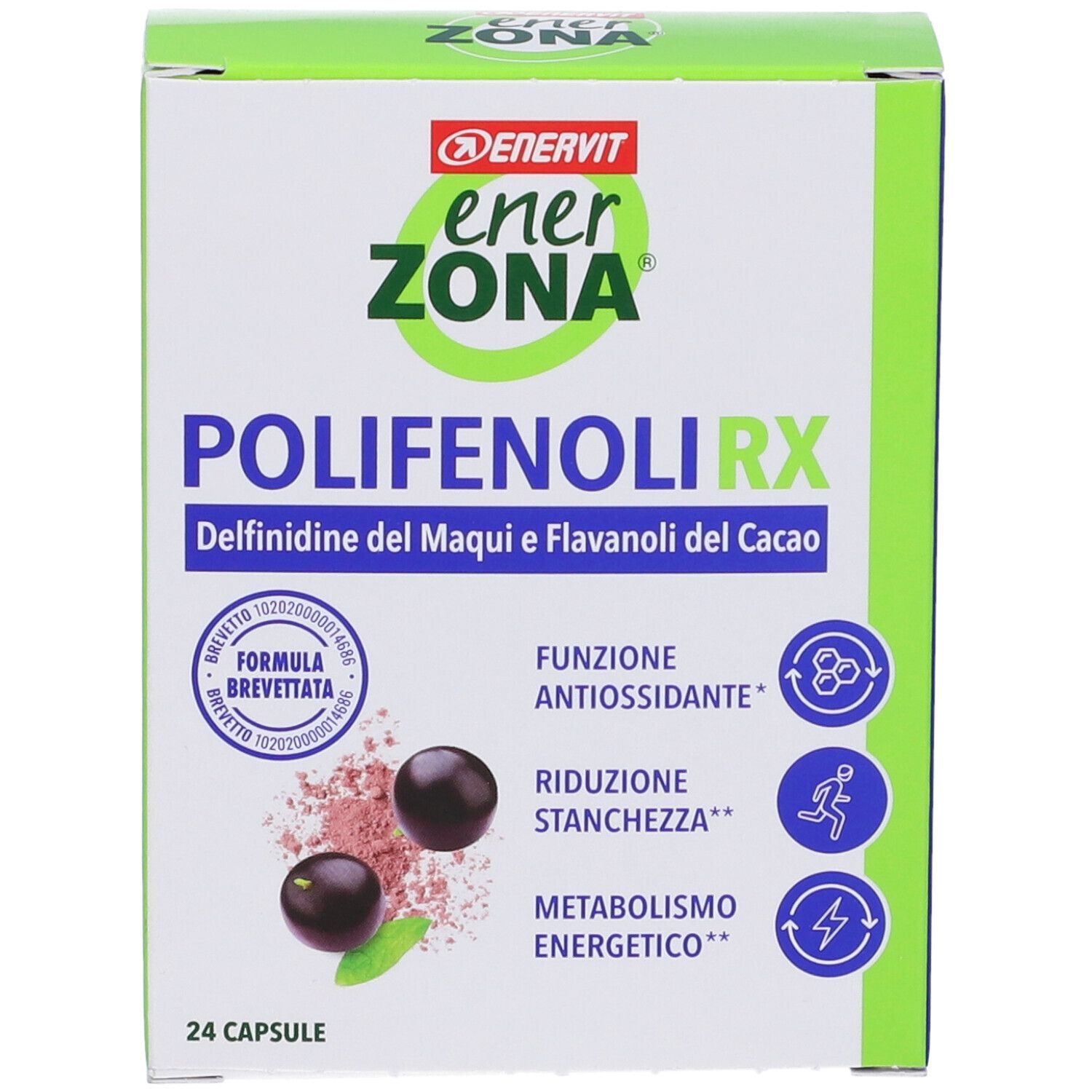 Scatola ENERVIT EnerZona Polyphenole RX. Scritta: 24 capsule, illustrazioni di bacche e foglie.