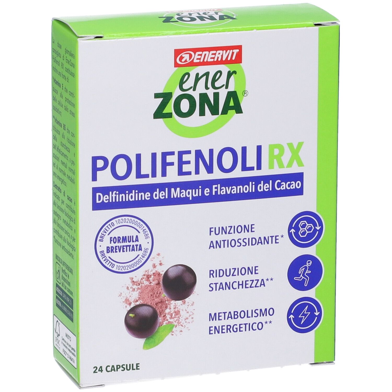 Scatola ENERVIT EnerZona Polyphenole RX. Scritta: 24 capsule, illustrazioni di bacche e foglie.