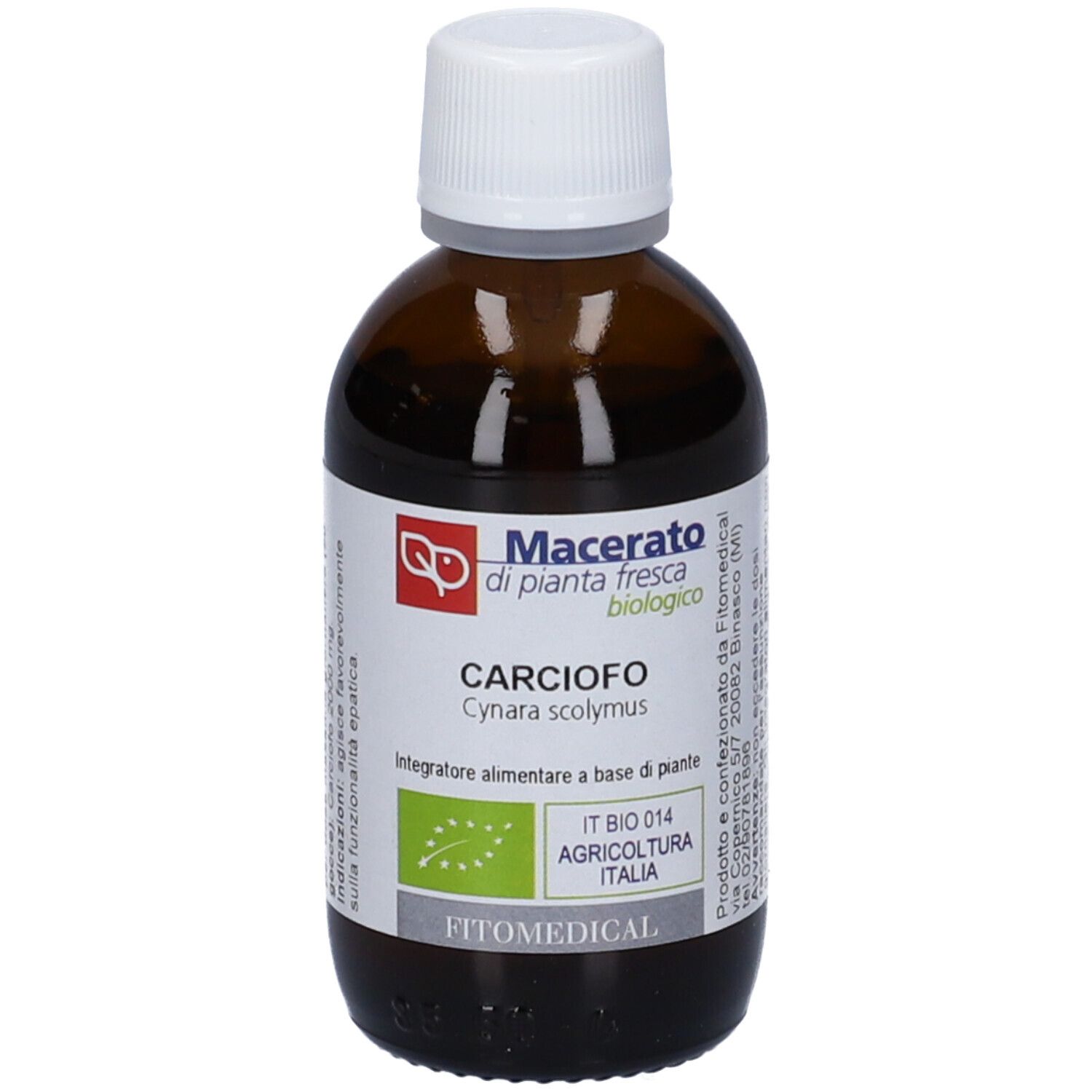 Flacone in vetro marrone con tappo bianco. Etichetta con 'Macerato di pianta fresca biologico' ed estratto di carciofo. Marchio bio.