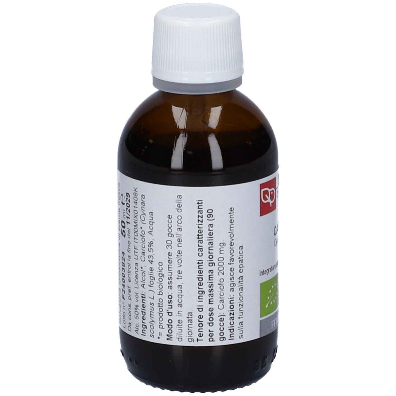 Flacone in vetro marrone con tappo bianco. Etichetta con 'Macerato di pianta fresca biologico' ed estratto di carciofo. Marchio bio.