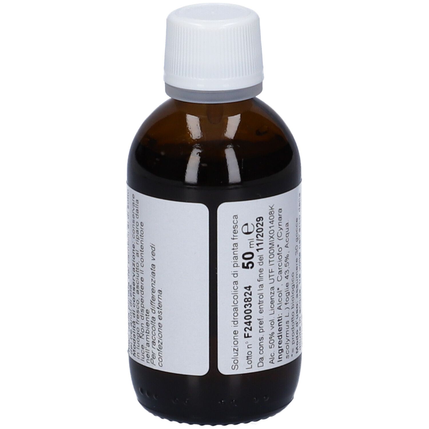 Flacone in vetro marrone con tappo bianco. Etichetta con 'Macerato di pianta fresca biologico' ed estratto di carciofo. 50ml.