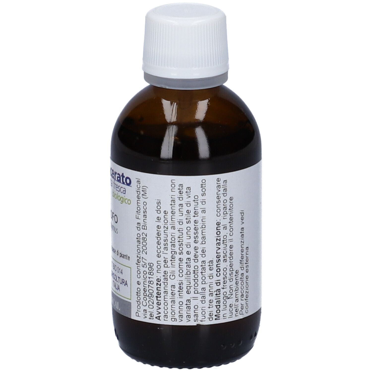 Flacone in vetro marrone con tappo bianco. Etichetta con 'Macerato di pianta fresca biologico' ed estratto di carciofo. 50ml.