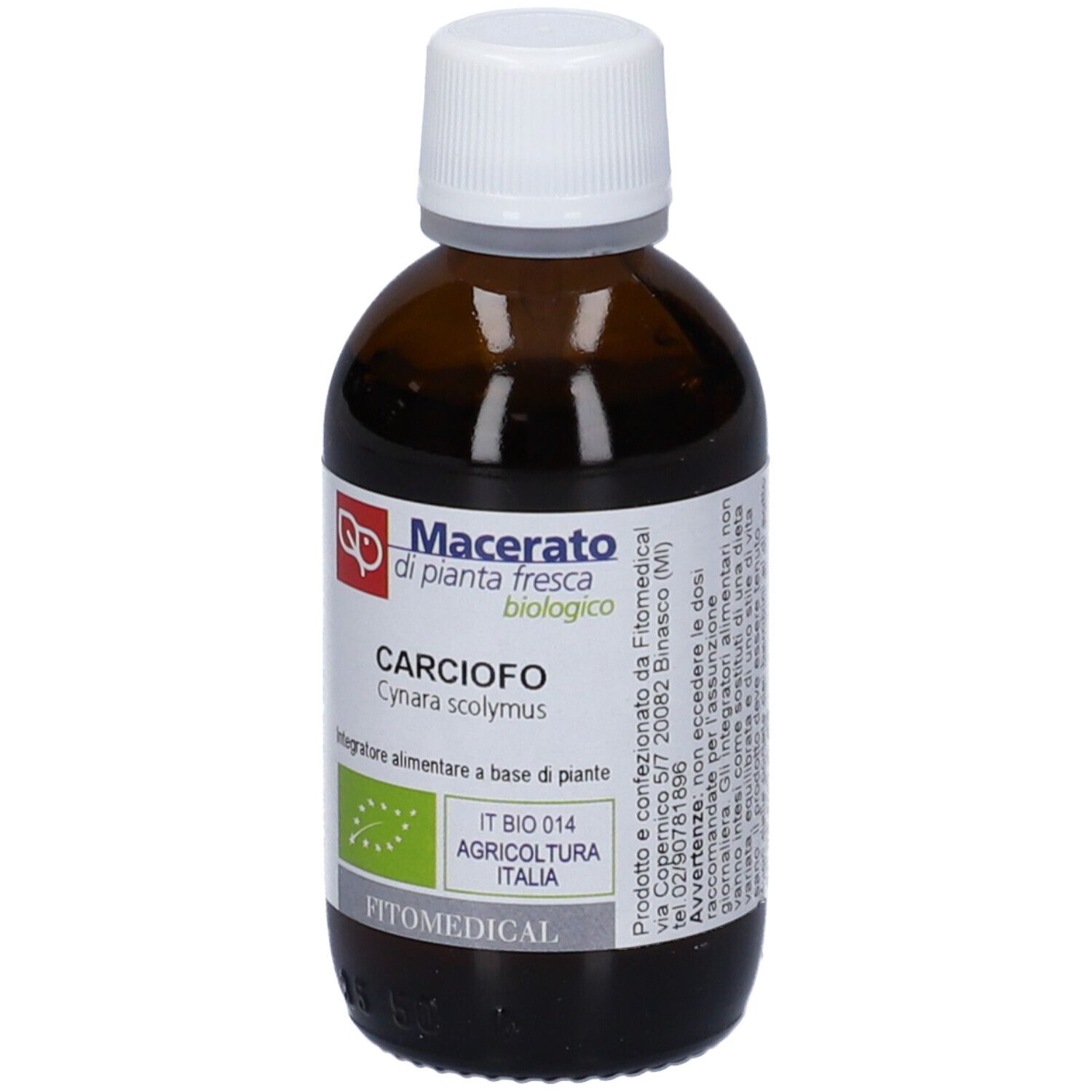 Flacone in vetro marrone con tappo bianco. Etichetta con 'Macerato di pianta fresca biologico' ed estratto di carciofo. Marchio bio.