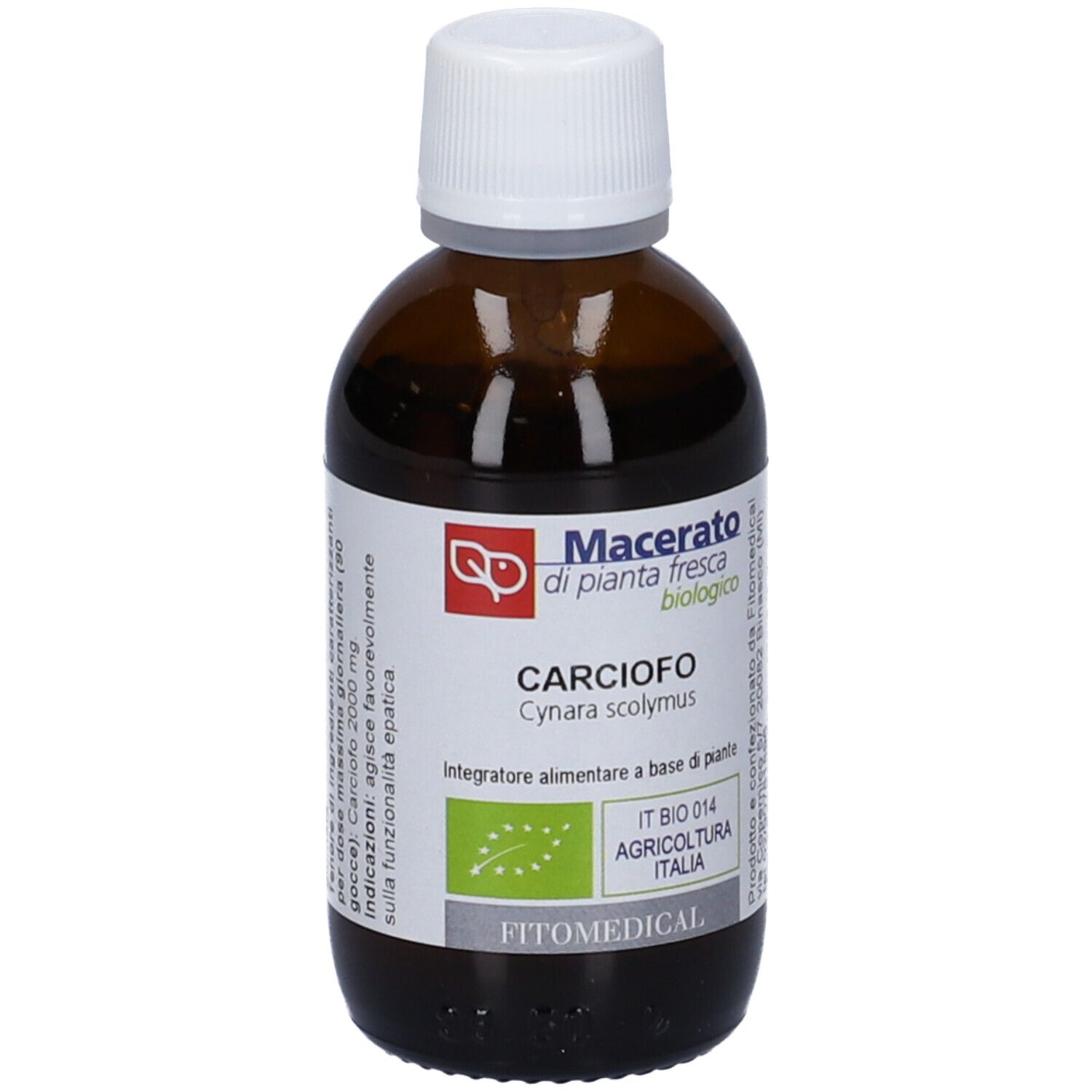 Flacone in vetro marrone con tappo bianco. Etichetta con 'Macerato di pianta fresca biologico' ed estratto di carciofo. Marchio bio.