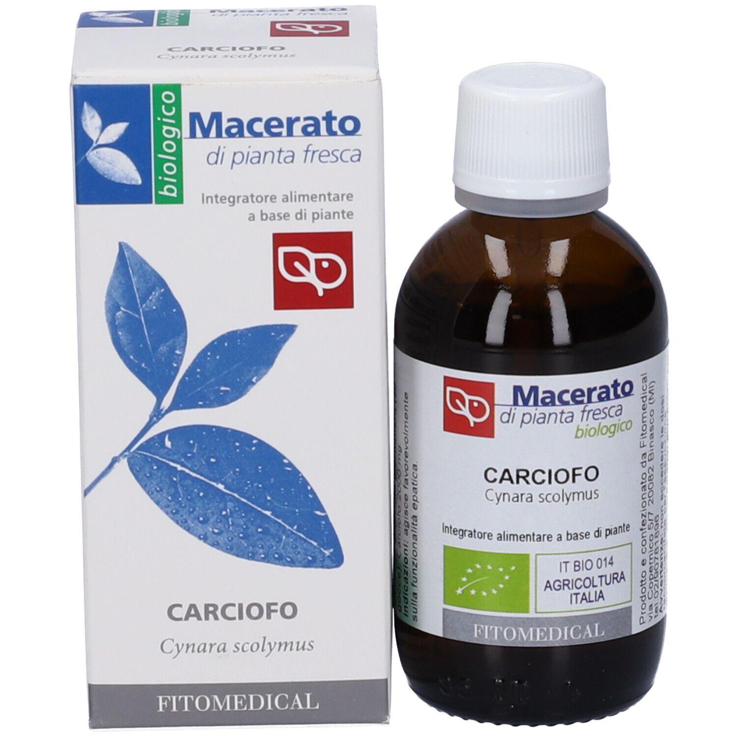 Flacone in vetro marrone e scatola. Scritta 'Macerato di pianta fresca biologico' ed estratto di carciofo. Marchio bio.