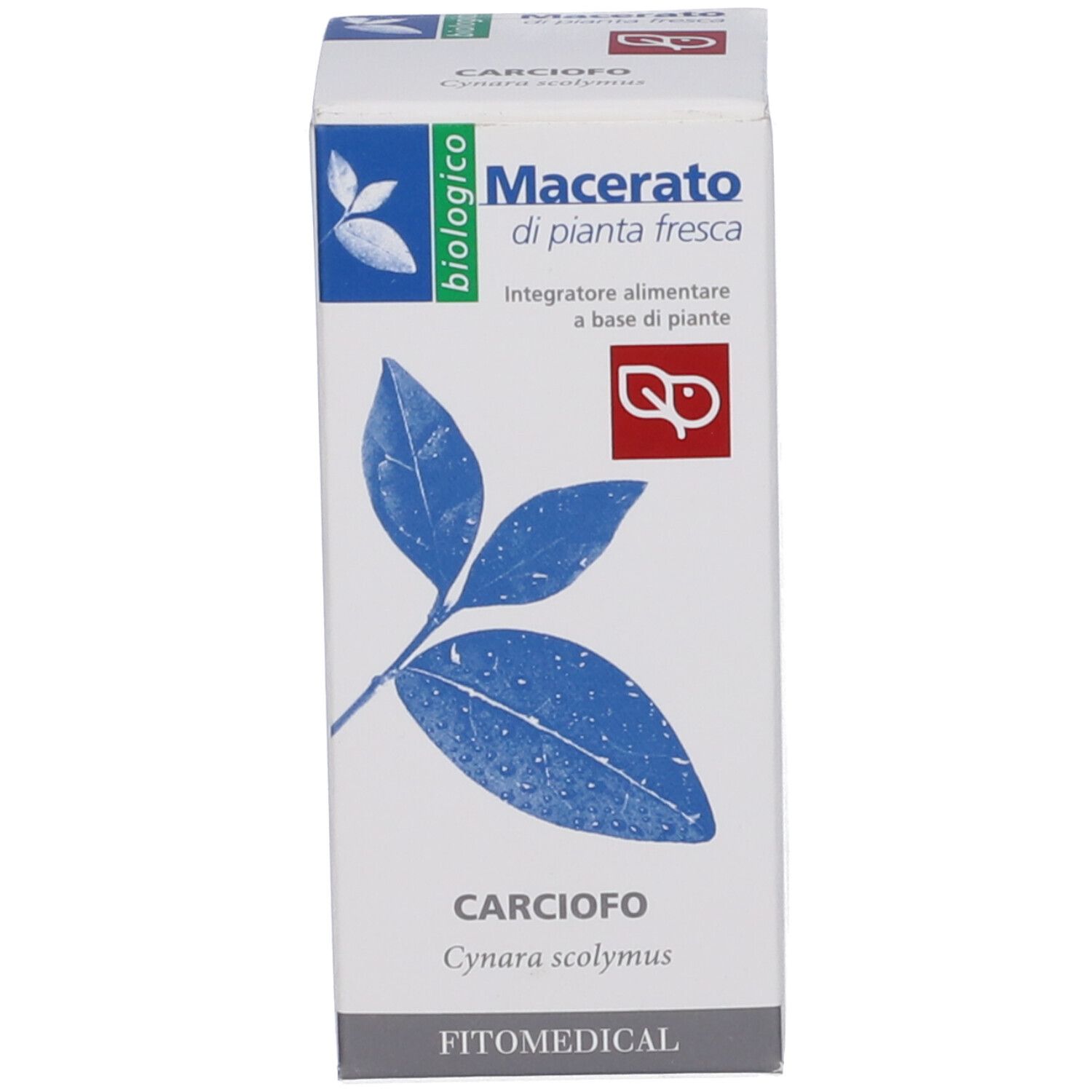 Scatola bianca con 'Macerato di pianta fresca biologico'. Contiene estratto di carciofo. Con marchio bio.