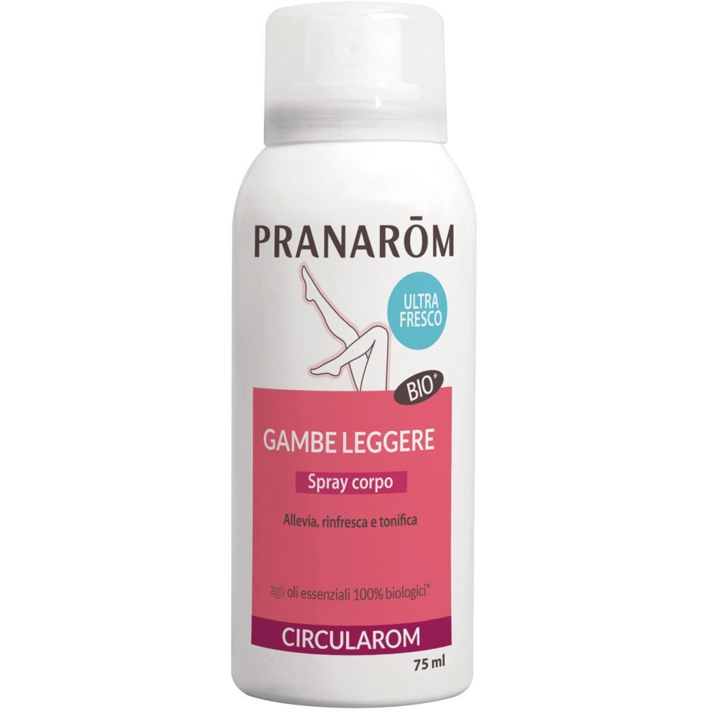 Spray bianco con tappo bianco. Scritta: Pranarôm, BIO, Gambe Leggere, Spray corpo, Circularom.