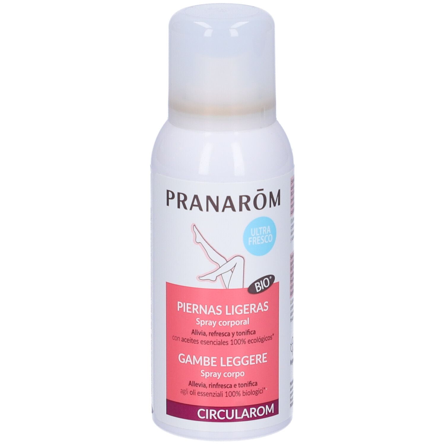 Spray bianco con tappo bianco. Scritta: Pranarôm, BIO, Piernas Ligeras, Gambe Leggere, Circularom.