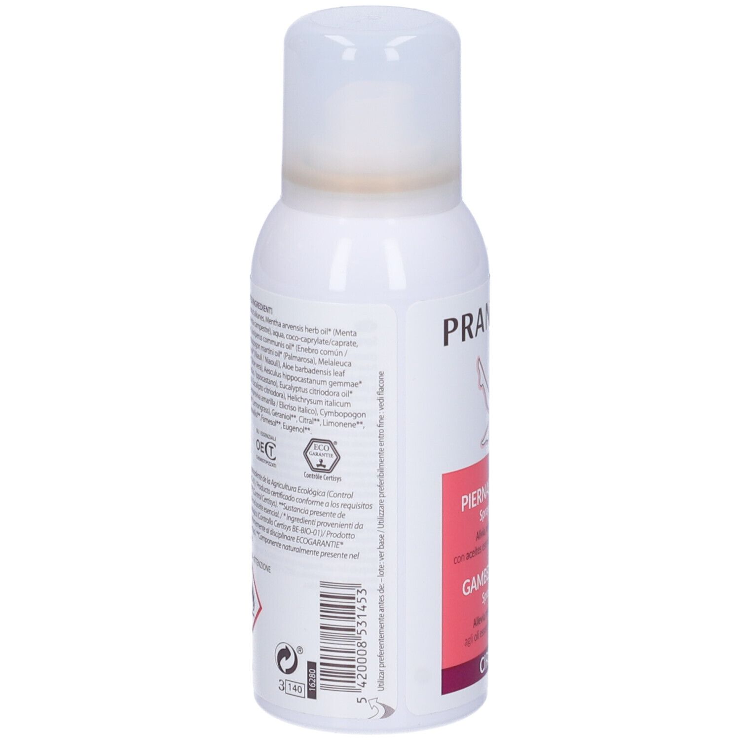 Retro dello spray bianco. Testo con ingredienti e certificazioni. Avvertenza: facilmente infiammabile.