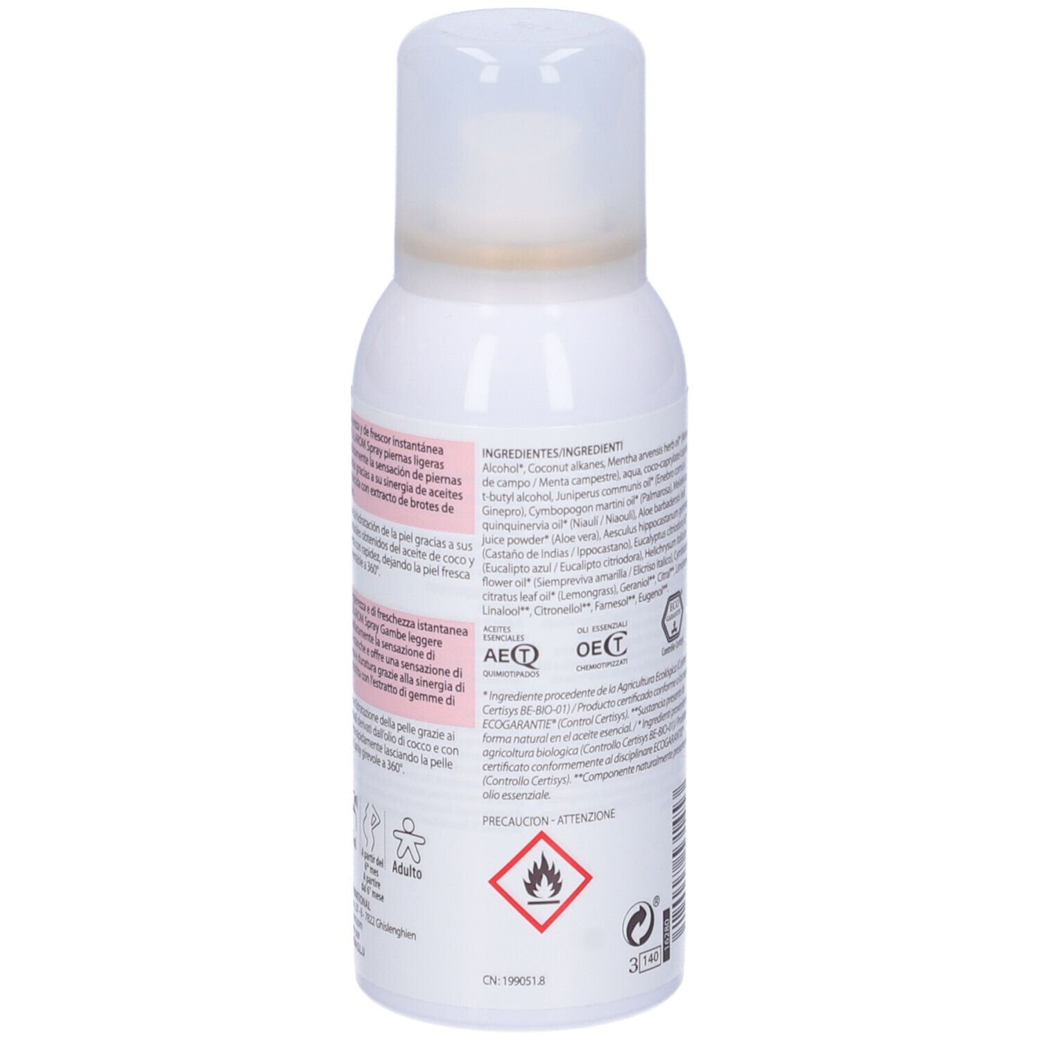 Retro dello spray bianco. Testo con ingredienti e certificazioni. Avvertenza: facilmente infiammabile.