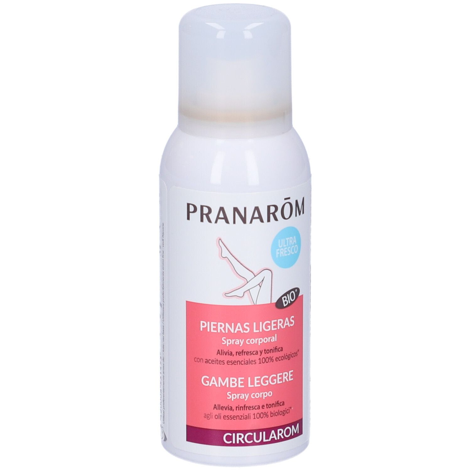 Spray bianco con tappo bianco. Scritta: Pranarôm, BIO, Piernas Ligeras, Gambe Leggere, Circularom.