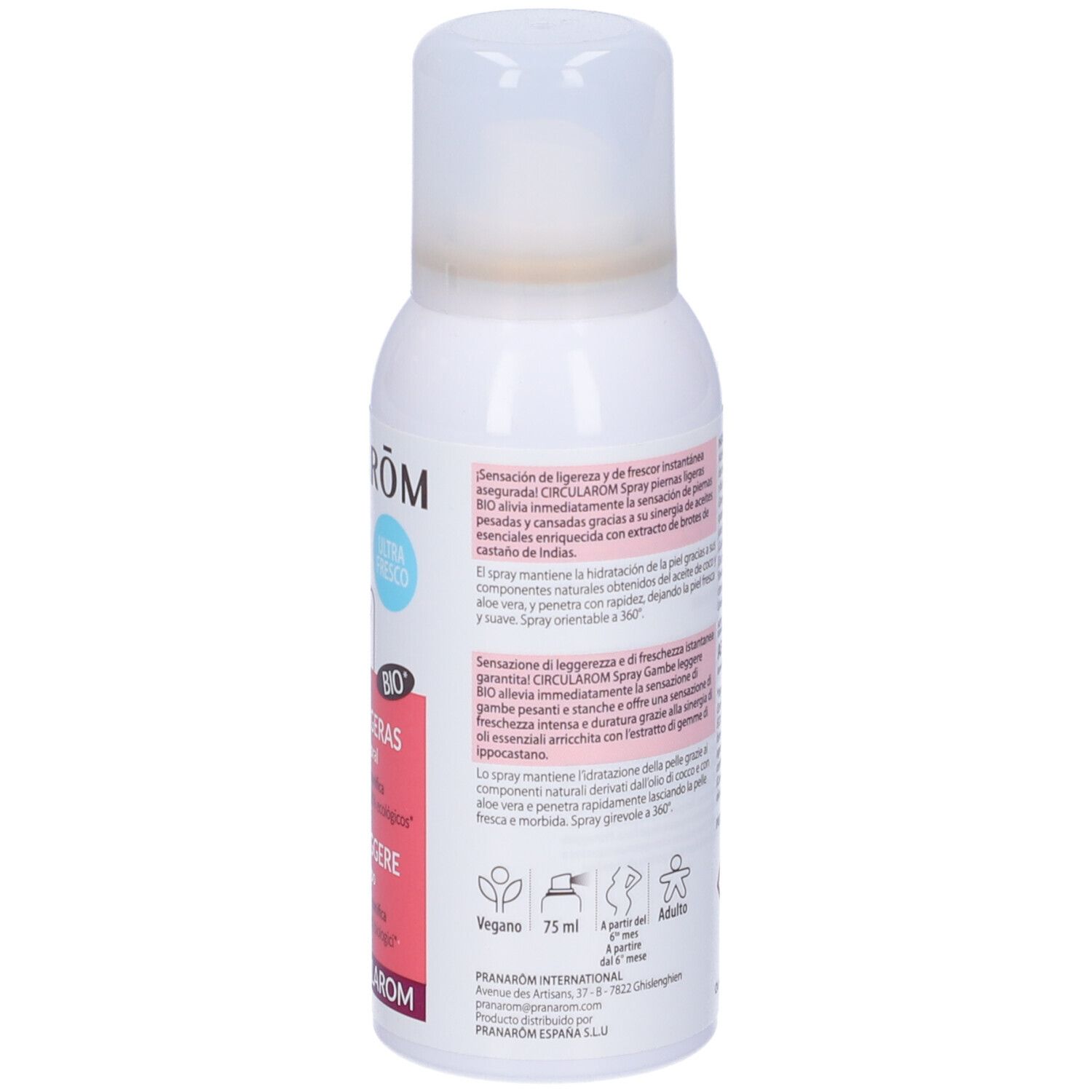 Retro dello spray bianco. Testo con ingredienti, logo vegano, 75 ml e pittogrammi.