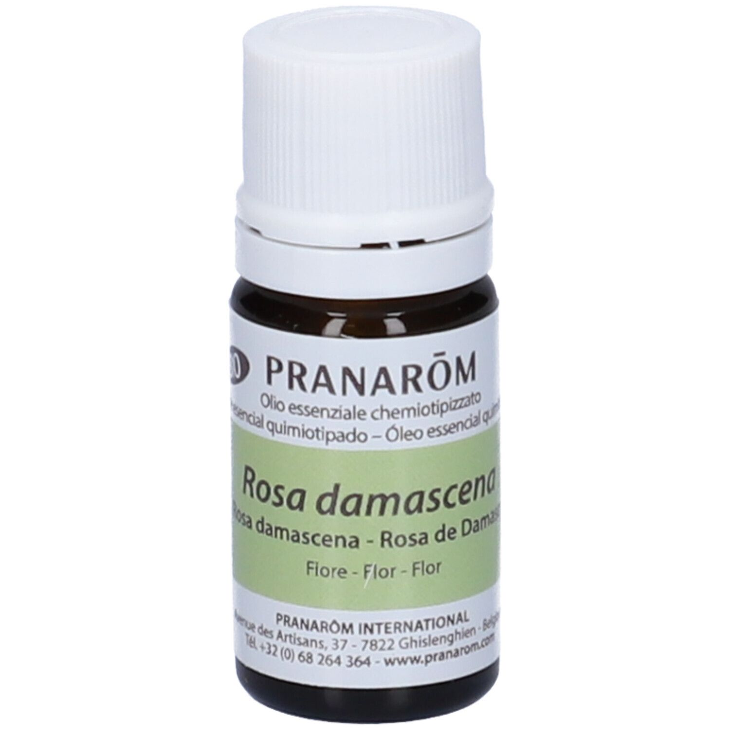 Flacone di vetro marrone con tappo bianco. Etichetta con nome del prodotto e marchio Pranarôm. Testo multilingue.