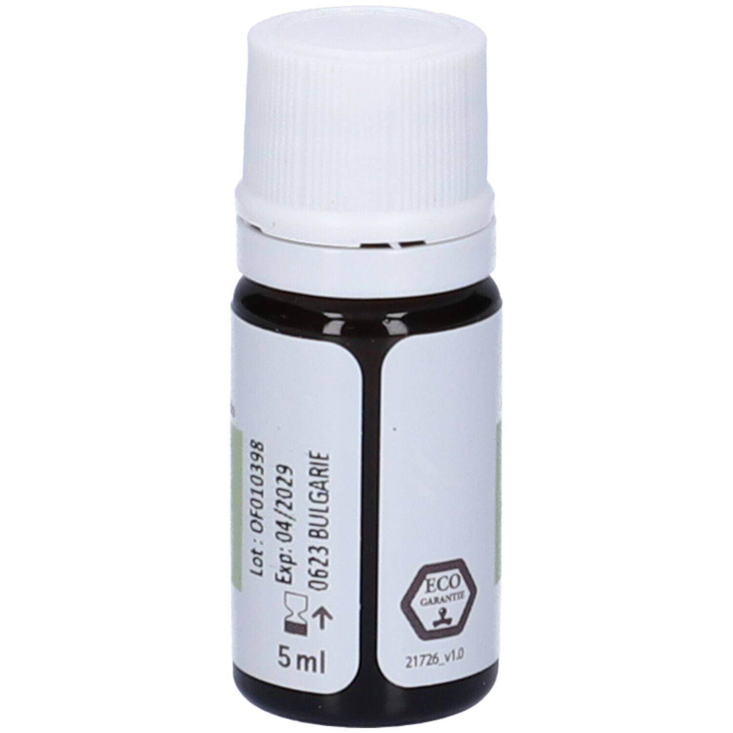 Flacone di vetro marrone con tappo bianco. Etichetta con informazioni sul prodotto, numero di lotto e data di scadenza. 5 ml.