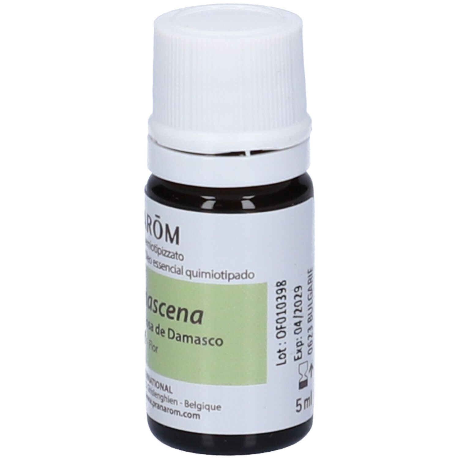 Flacone di vetro marrone con tappo bianco. Etichetta con nome del prodotto, marchio Pranarôm e numero di lotto. 5 ml.