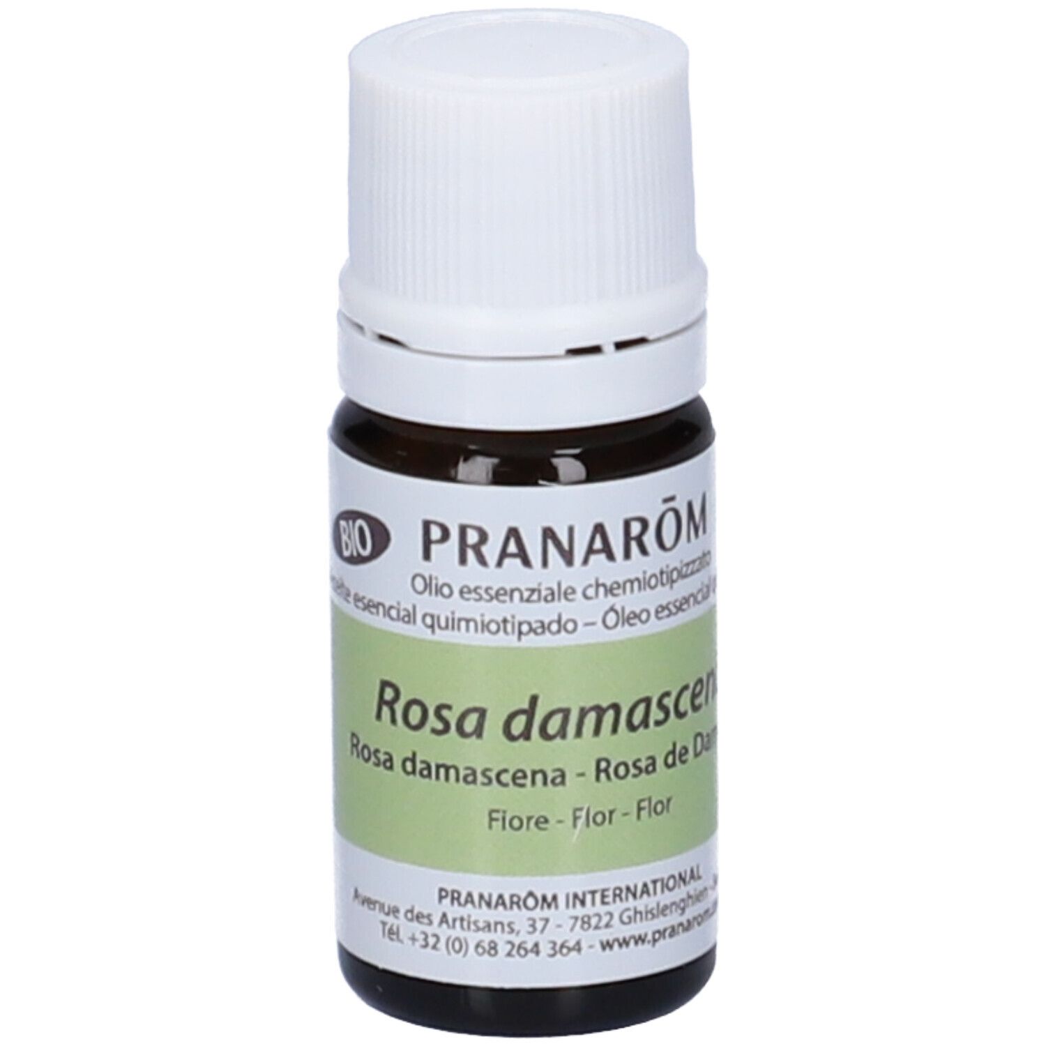Flacone di vetro marrone con tappo bianco. Etichetta con nome del prodotto, marchio Pranarôm e sigillo Bio. Testo multilingue.