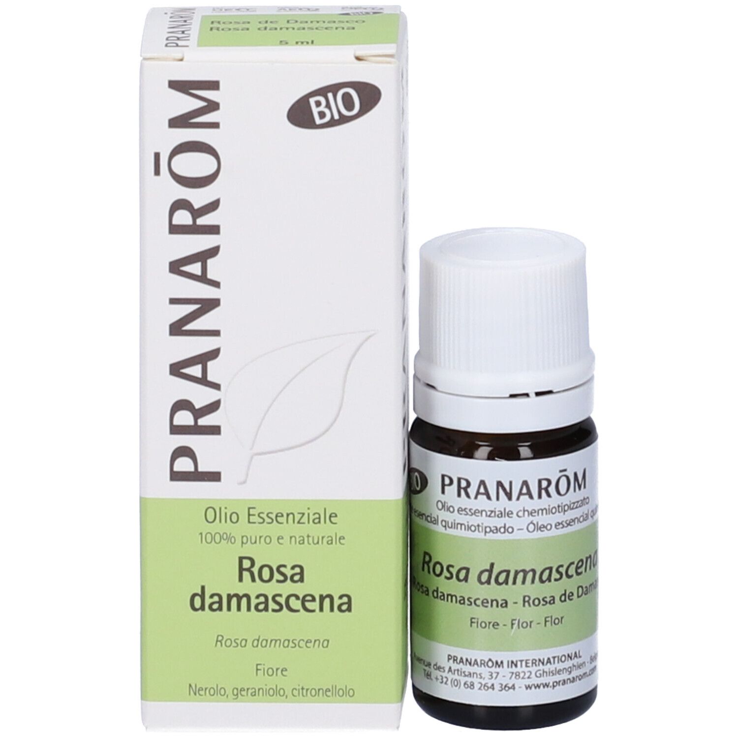 Flacone e confezione del prodotto. Flacone di vetro marrone con tappo bianco accanto a una scatola bianca. Marchio Pranarôm.