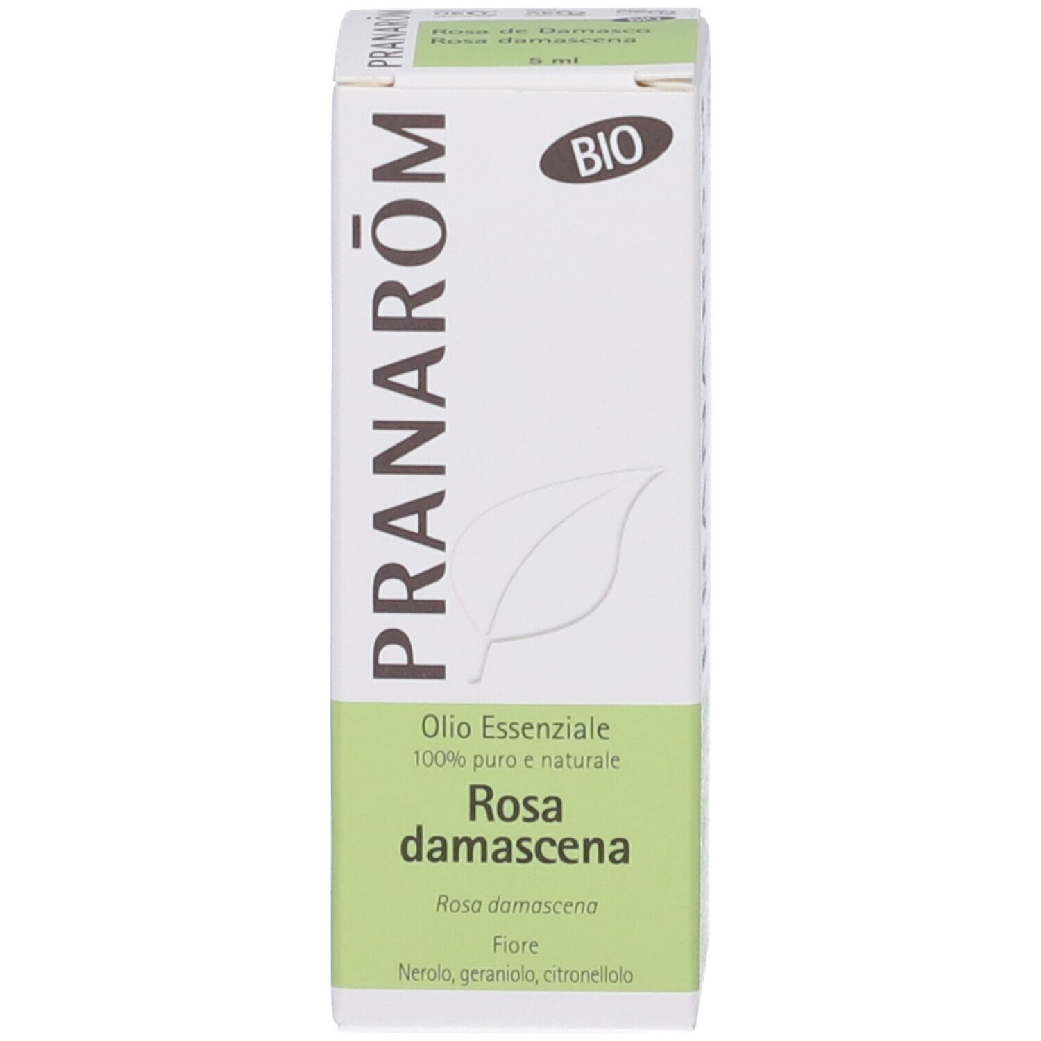 Scatola bianca con nome del prodotto e marchio Pranarôm. Sigillo Bio. Testo multilingue.