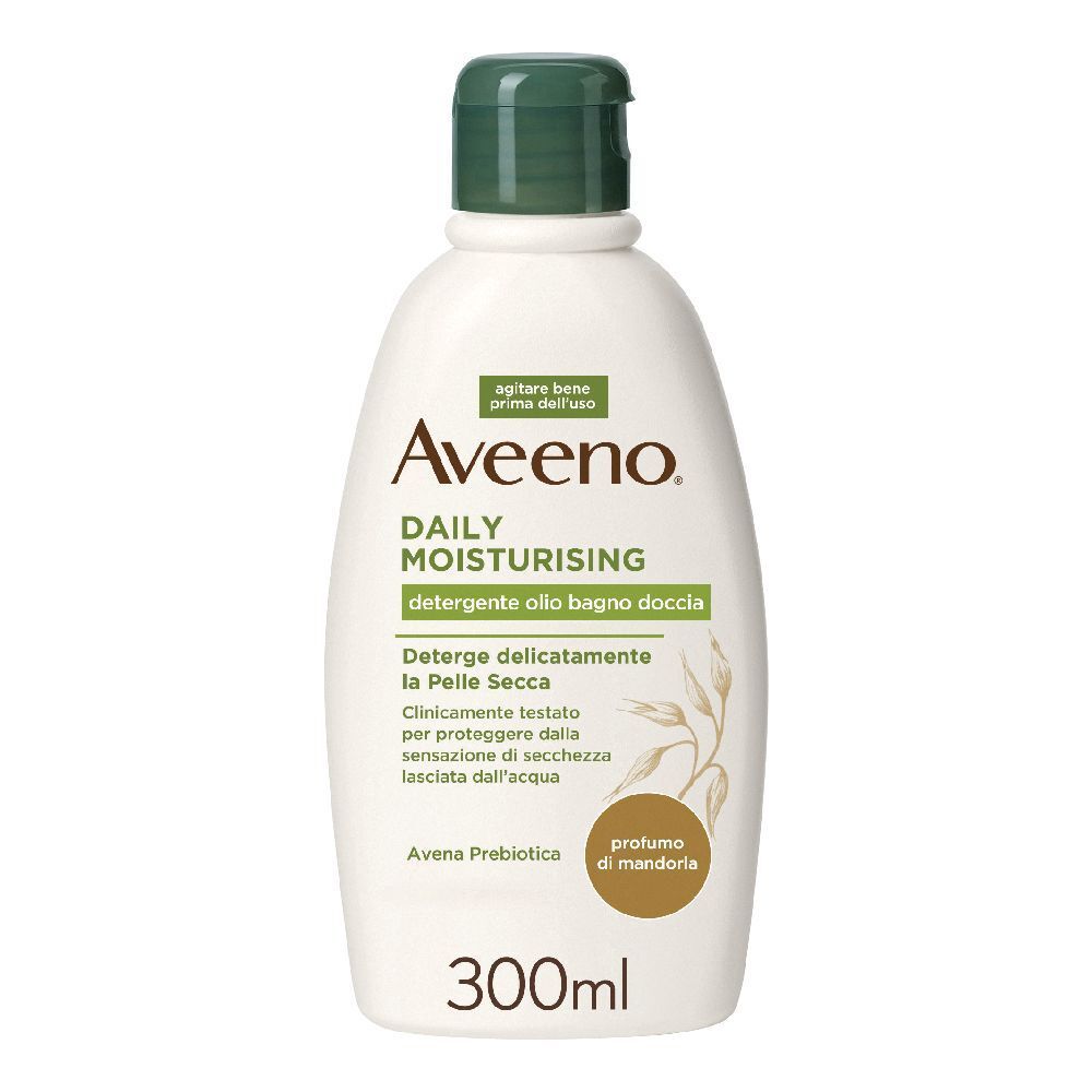 Flacone bianco, tappo verde. Scritta: Aveeno, Daily Moisturising. 300ml. Profumo di mandorla.