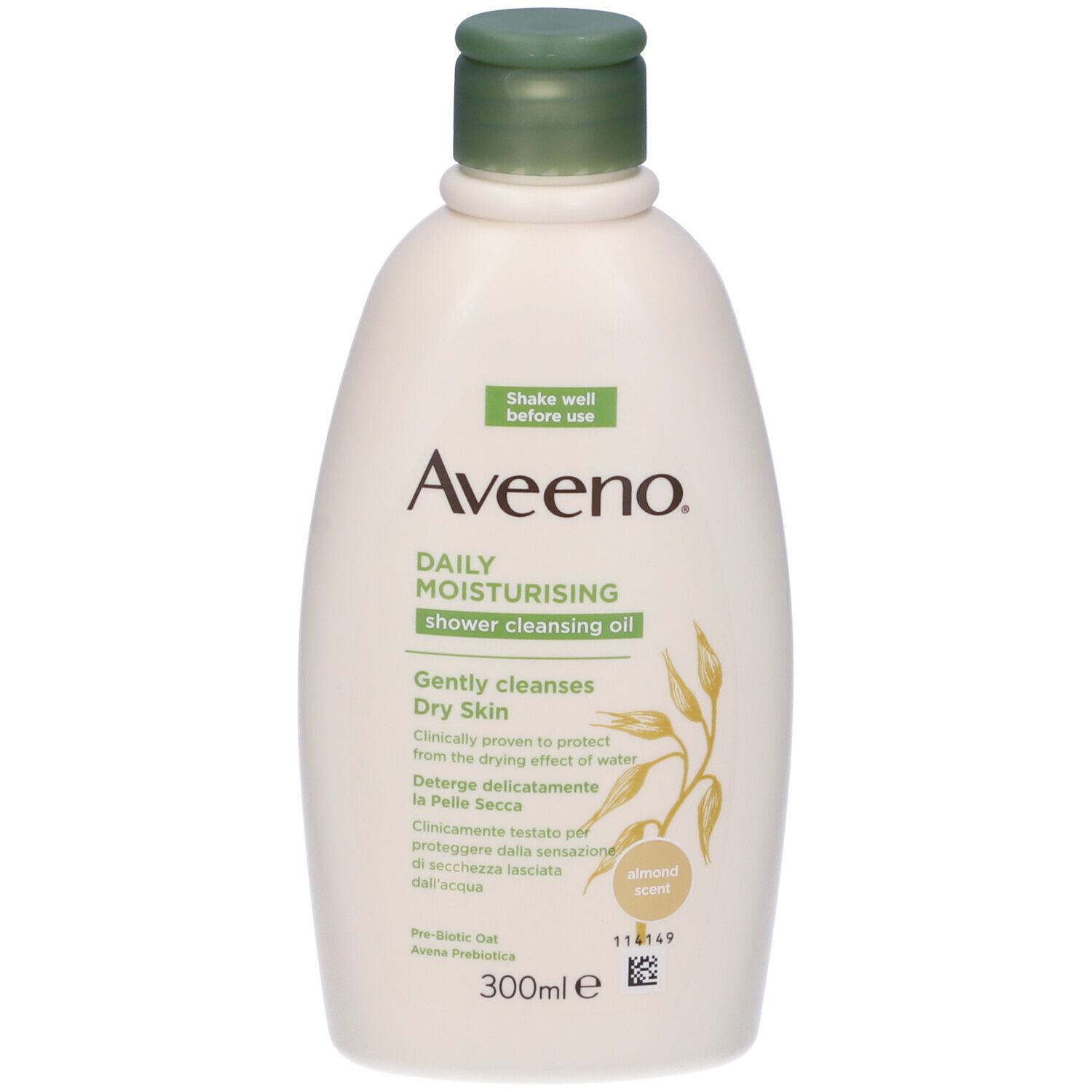 Flacone bianco, tappo verde. Scritta: Aveeno, Daily Moisturising. 300ml. Profumo di mandorla.