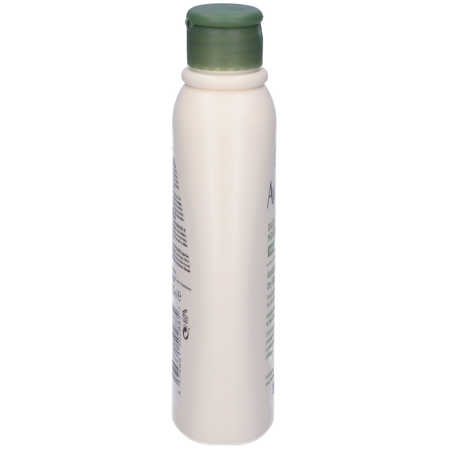 Flacone bianco, tappo verde. Scritta: Aveeno, Daily Moisturising. 300ml. Profumo di mandorla.