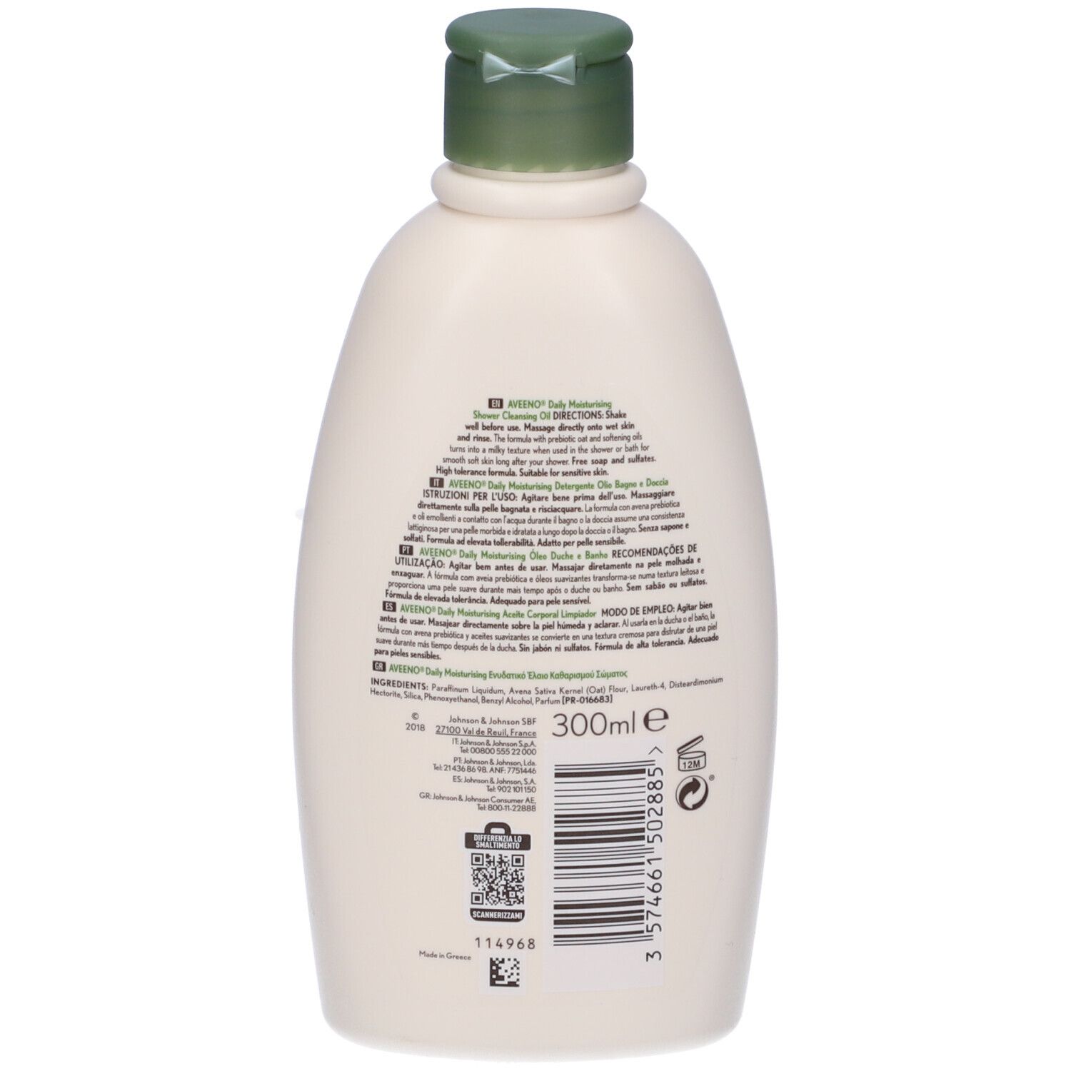 Flacone bianco, tappo verde. Scritta: Aveeno, Daily Moisturising. 300ml. Profumo di mandorla.
