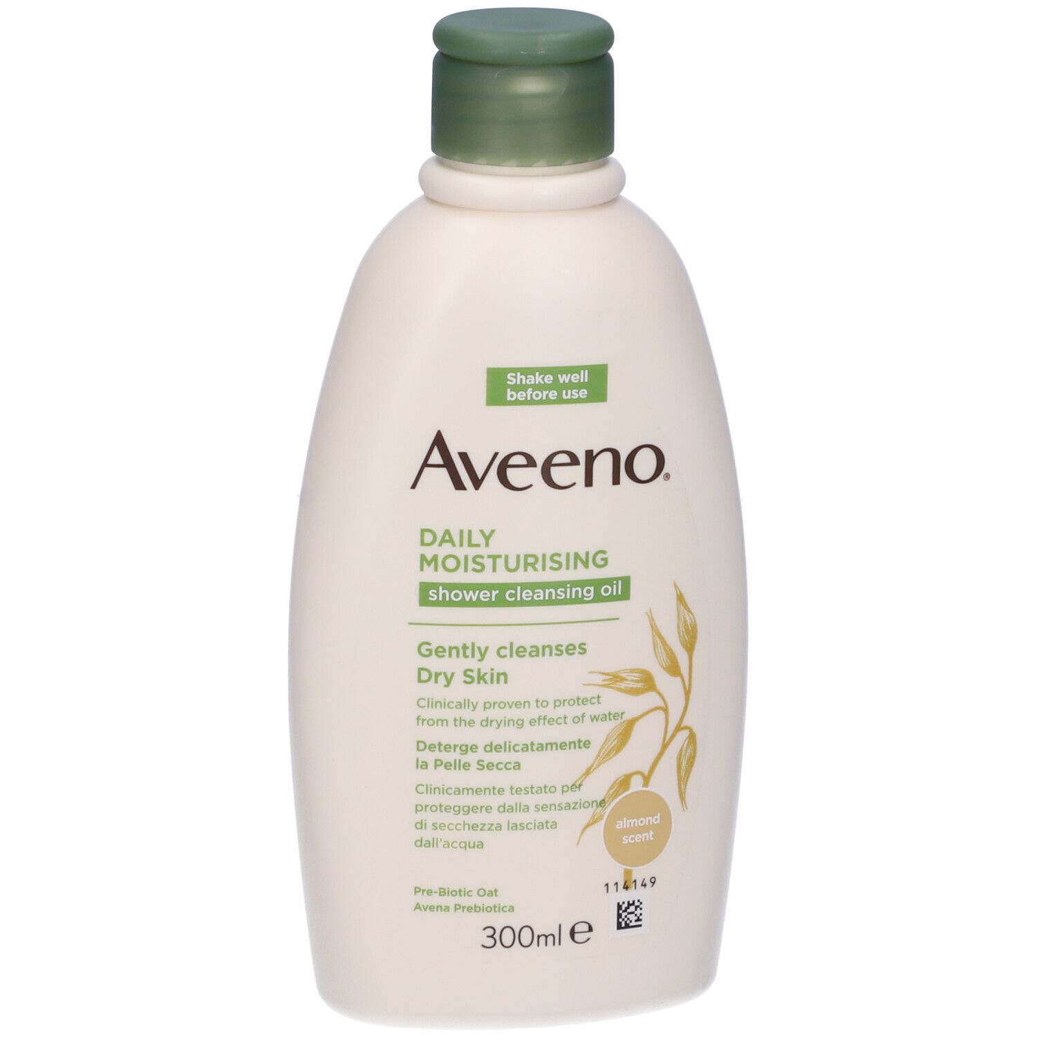 Flacone bianco, tappo verde. Scritta: Aveeno, Daily Moisturising. 300ml. Profumo di mandorla.