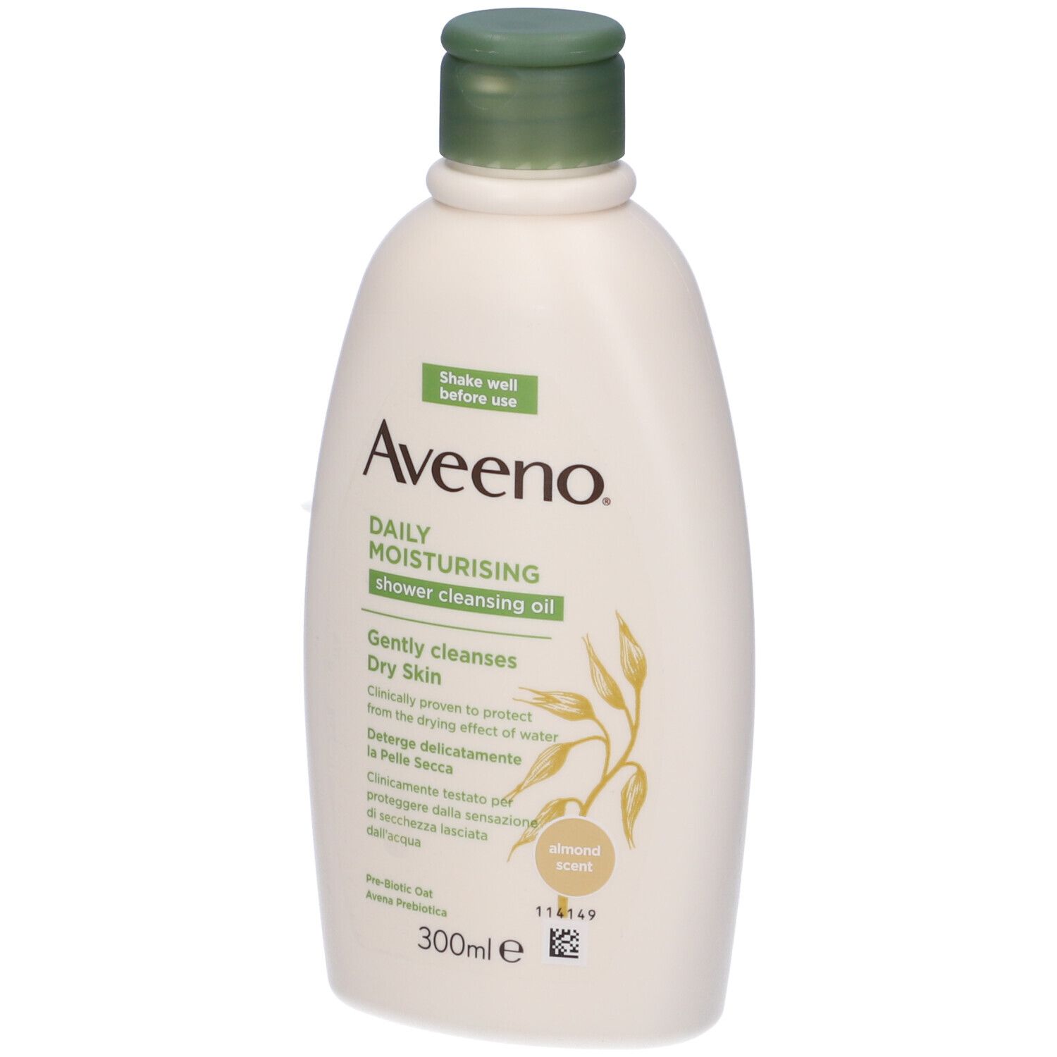 Flacone bianco, tappo verde. Scritta: Aveeno, Daily Moisturising. 300ml. Profumo di mandorla.