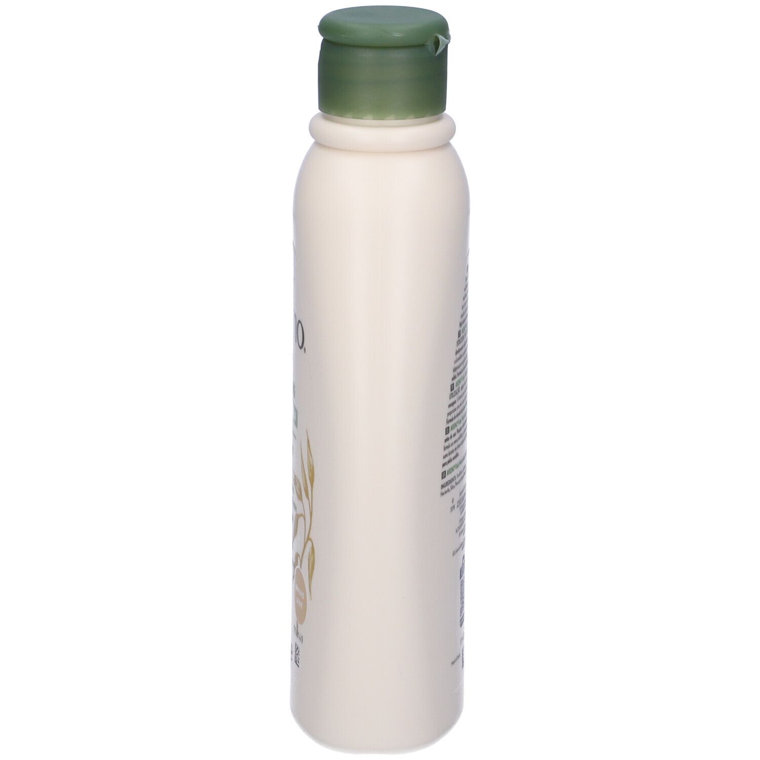 Flacone bianco, tappo verde. Scritta: Aveeno, Daily Moisturising. 300ml. Profumo di mandorla.