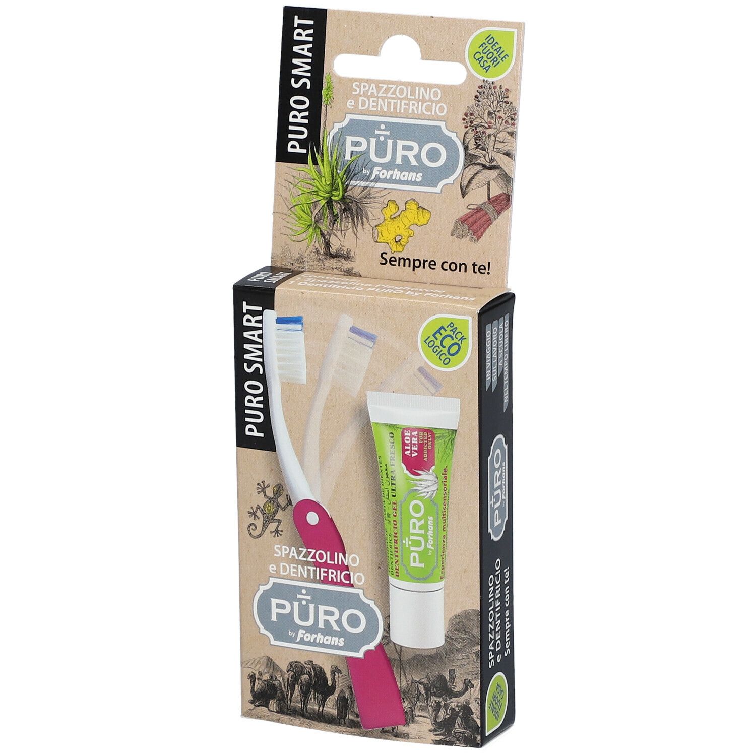 Set spazzolino e dentifricio in confezione di cartone. Spazzolino rosa, tubetto verde. Scritta: Puro by Forhans.